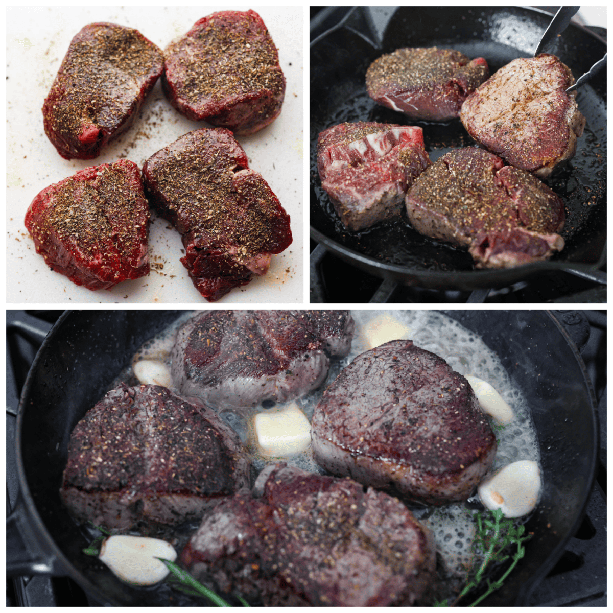 Juicy and succulent filet mignon is perfect for dinner or any special occasion! Tender steak is seasoned, seared, and basted with garlic herb butter. This is a steakhouse-quality recipe that is so easy to make at home! First photo of seasoned filets. Second photo of the filets searing in a pan. Third photo of the butter, garlic, and herbs added to the skillet.