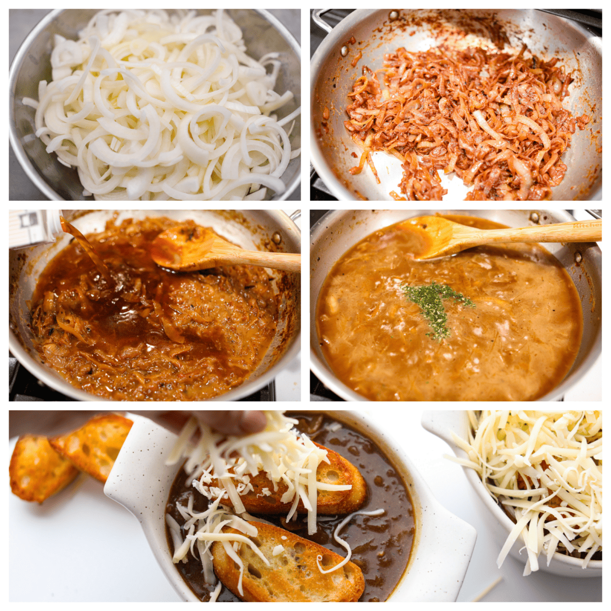 French Onion Soup is such a classic and SO easy to make! Onions are slowly caramelized until soft and sweet, simmered with beef broth, thyme, sherry, and white wine. It's topped with a crispy crouton, loads of shredded gruyere cheese and broiled into a crispy, cheesy oblivion. So good! 5-photo collage of the onions being sauteed, combined with the other ingredients, and added to a bowl topped off with baguette and gruyere cheese.