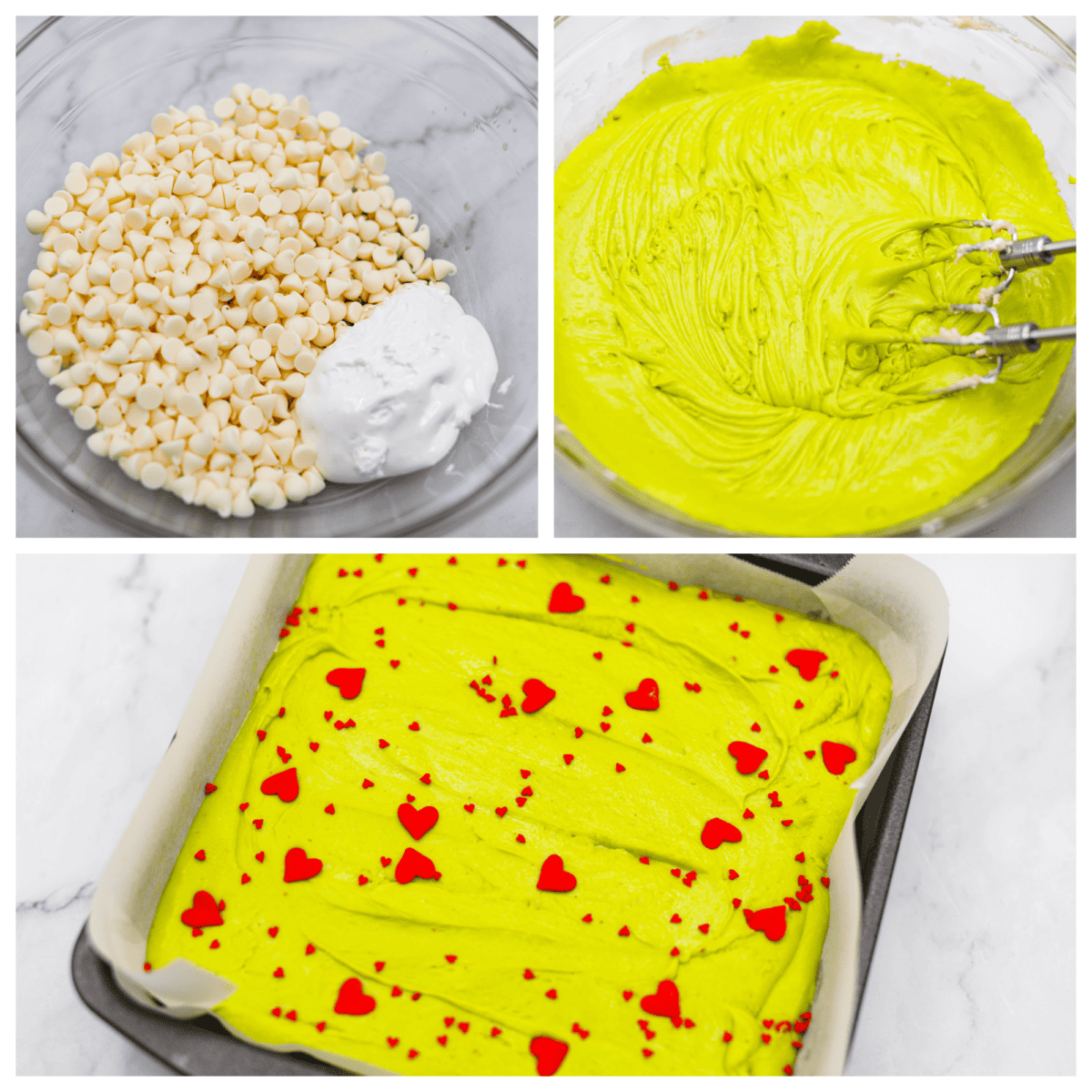 This delicious Grinch Fudge is easy to make and festive enough for any holiday gathering. Top it with red hearts, and voilร โ a yummy treat that might just make your heart grow bigger! 3 pictures showing how to mix ingredients, add food coloring and pour into a pan to set.