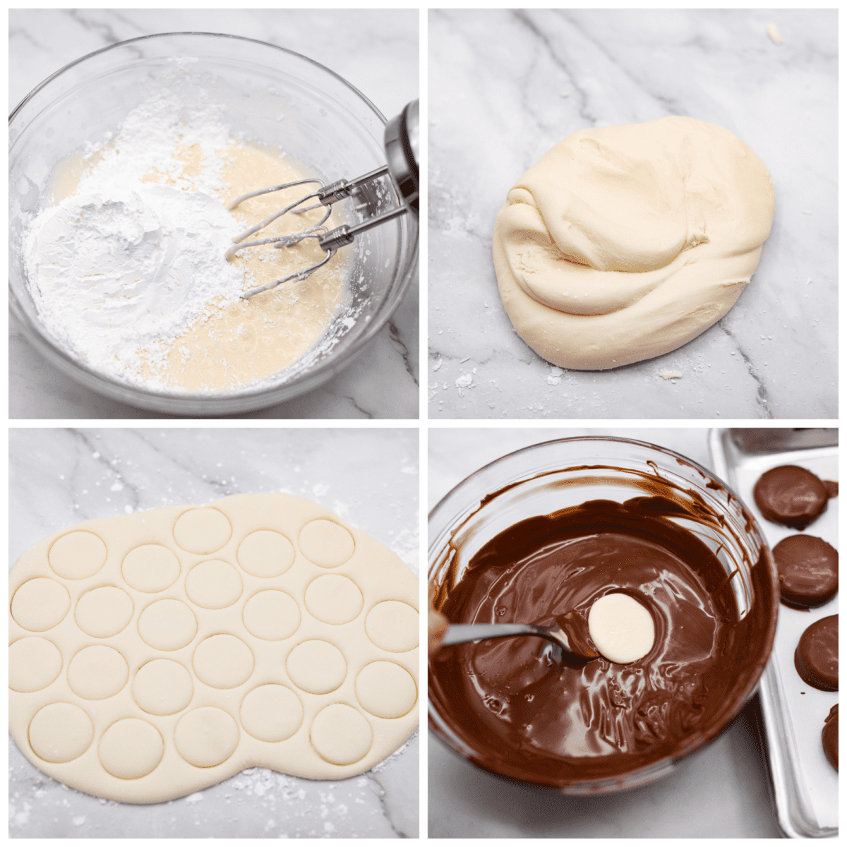 These homemade peppermint patties are miles ahead of anything you'll find at the store, and making them is a breeze. They're soft and pillowy, packed with mint chocolate flavor that will leave you wanting more! 4-photo collage of the dough and chocolate coating being prepared.