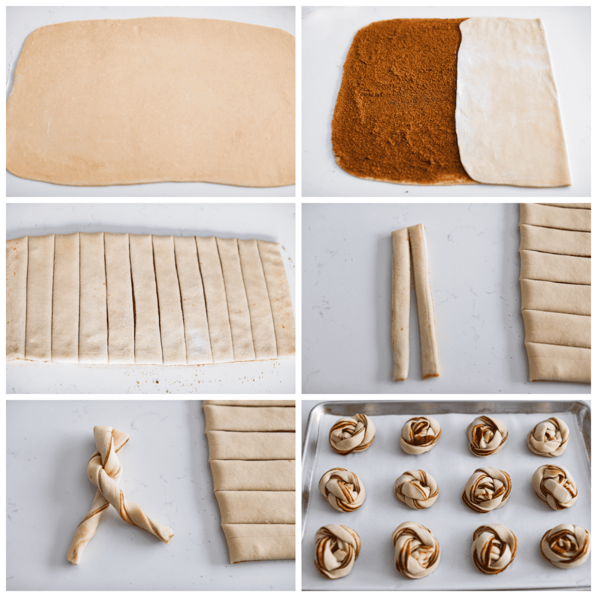 These Swedish cinnamon buns, also known as Kanelbullar, are just the dessert to make if you’re craving something soft, sweet, and spiced to perfection! You’re not going to be able to resist going in for another bite, especially if they’re fresh out of the oven! 6-photo collage of the dough and filling being prepared.