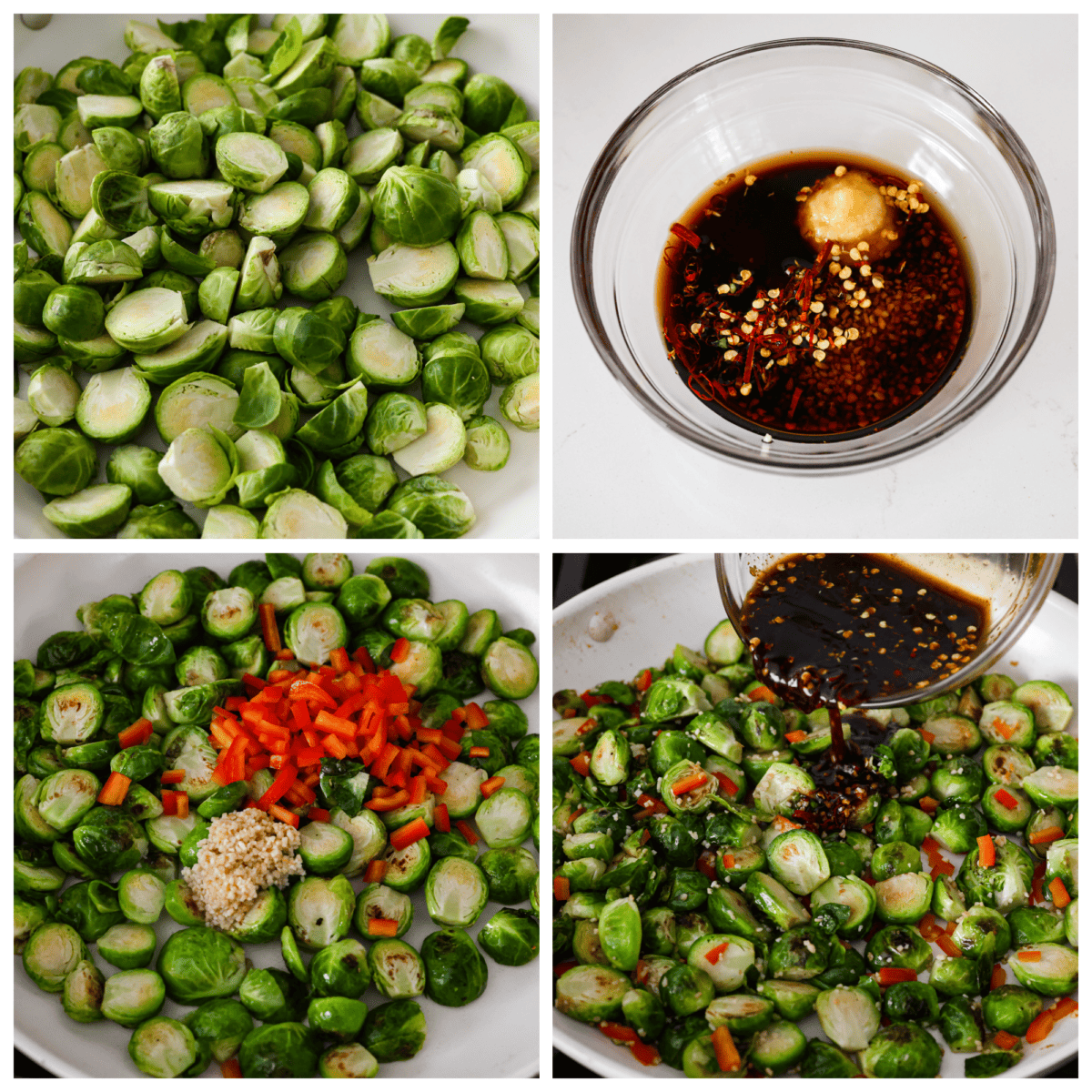 A classic Chinese takeout dish but made with one of my favorite veggies! Kung Pao brussels sprouts are stir-fried until they’re crisp and tender and have a kick of savory-spicy flavor in each bite. Simple, delicious, and guaranteed to please! 4-photo collage of the Brussels sprouts being sautéed and covered in the homemade sauce.