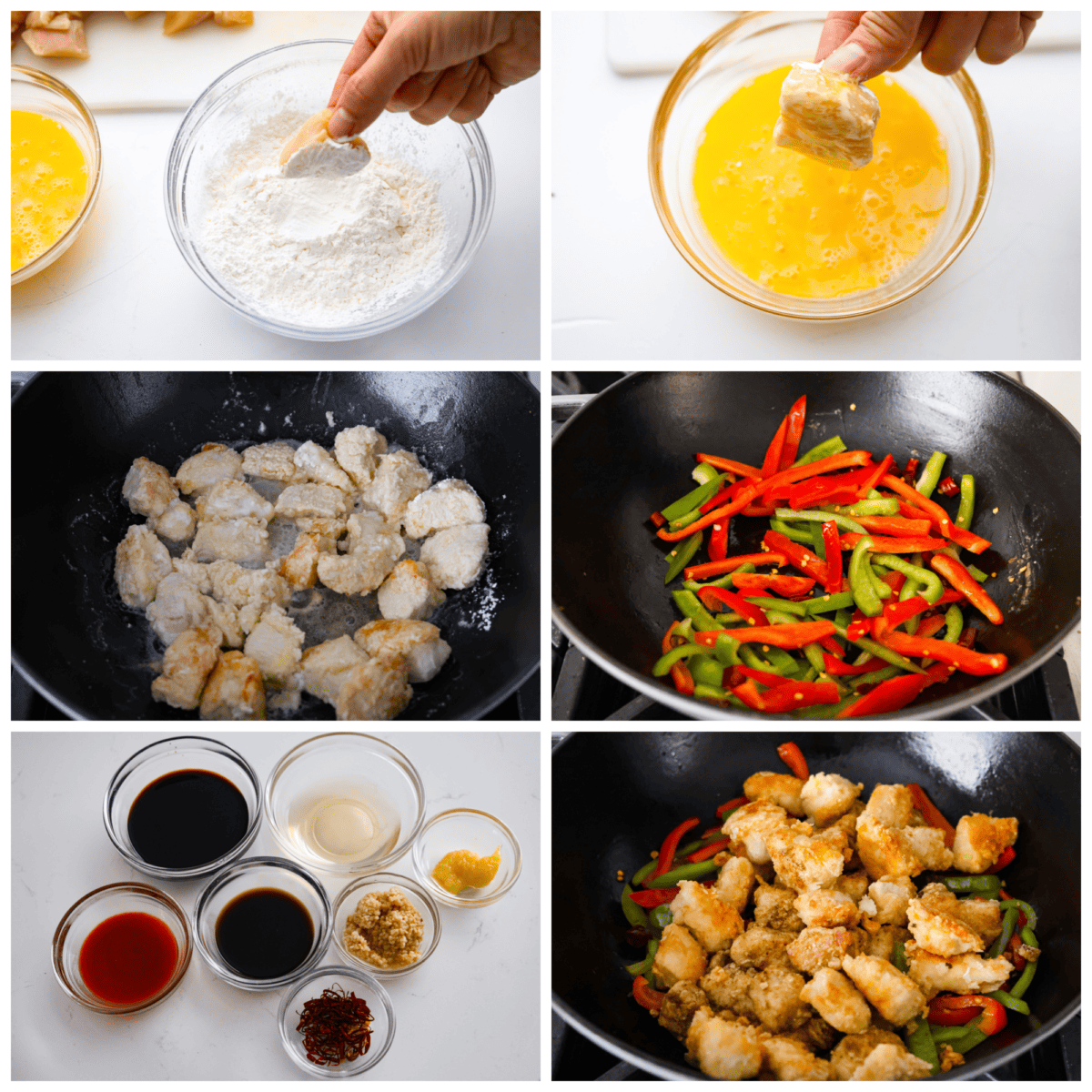 A takeout favorite for good reason! Kung pao chicken is pan-fried to crispy perfection and coated in a spicy, savory sauce that will leave you wanting more. Once you try making it from scratch, you won’t want it any other way! 6-photo collage of the chicken, sauce, and stir fry being prepared.