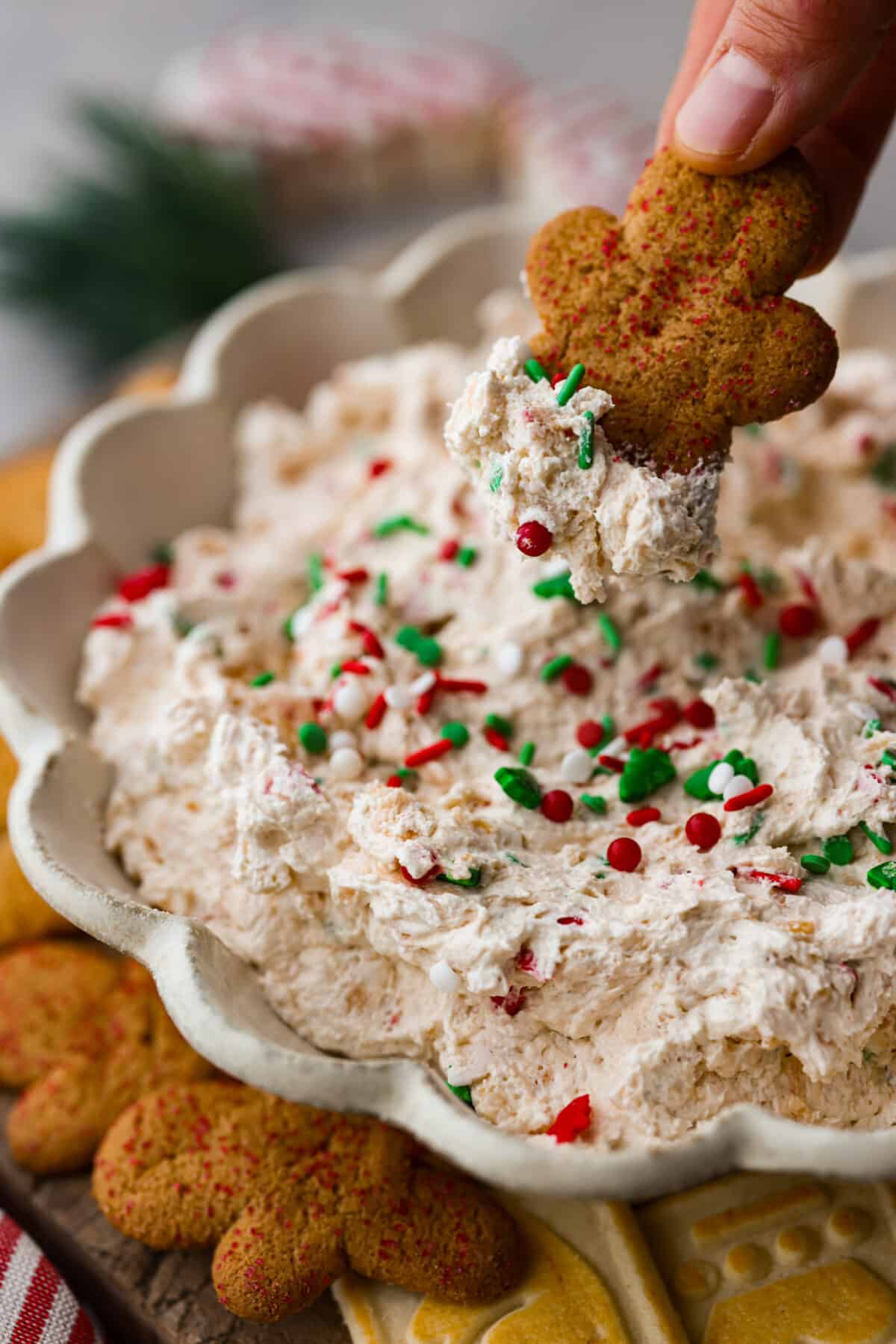 A favorite holiday treat turned into a creamy dip to share! This Little Debbie Christmas tree dip is rich, sweet, and perfect for dipping your favorite cookies in. Dipping a gingerbread cookie into the dip.