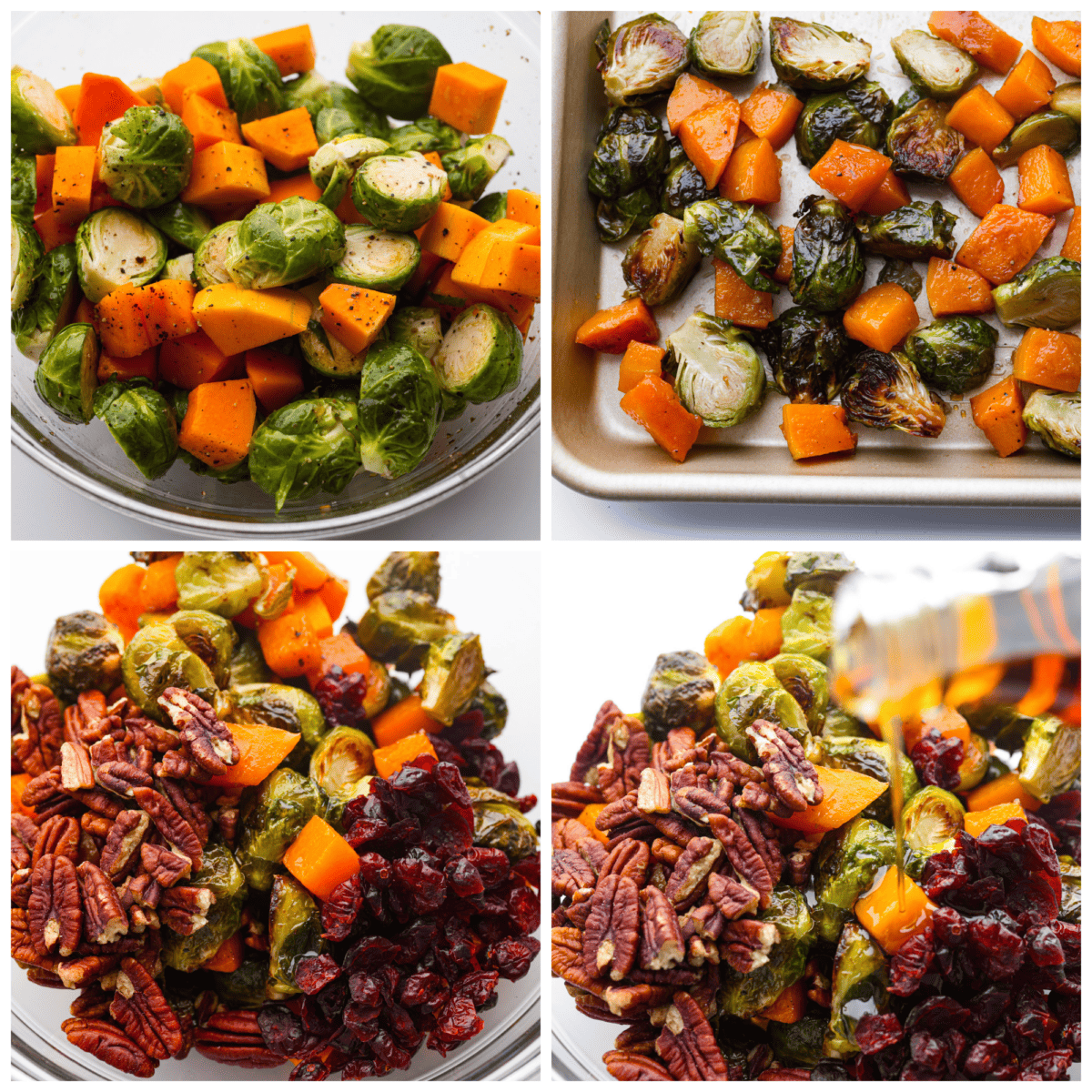Simple to make and full of incredible flavor, maple roasted brussels sprouts and butternut squash is the perfect side dish. The veggies are crisp on the edges but soft and tender on the inside, tossed in a delicious maple glaze and surrounded by crunchy pecans and cranberries. 4-photo collage of the vegetables being roasted and combined with the other ingredients.