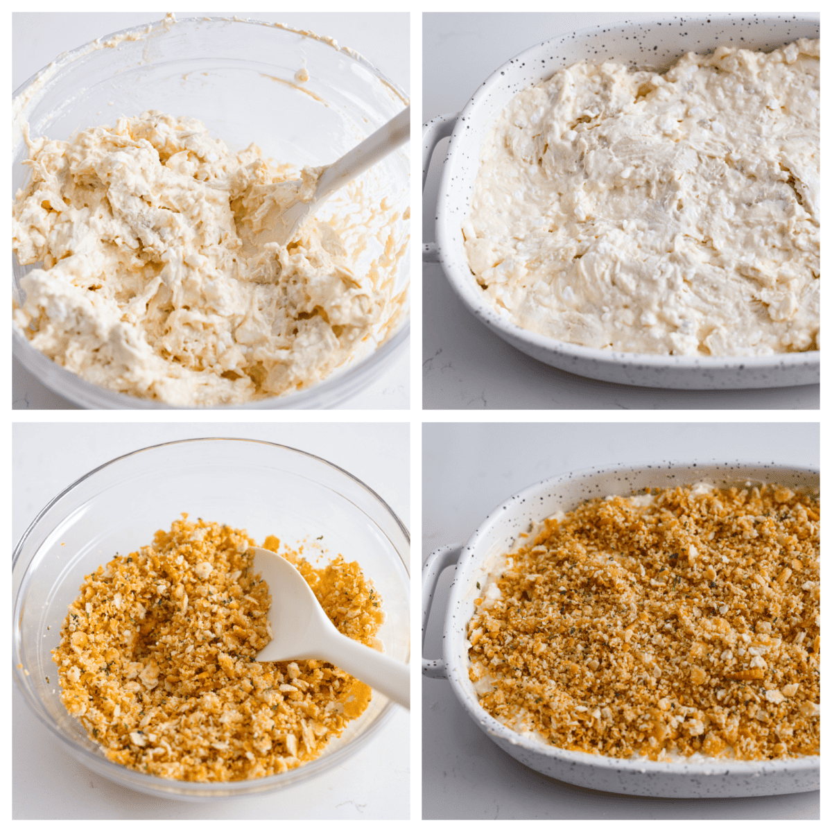 Million Dollar Chicken casserole is both delicious and easy to make. The combination of tender chicken, creamy sauce, and crispy Ritz cracker topping is irresistible. The flavor and texture is so good, you'll think it costs a million dollars! gallery of 4 process shots, making the mixture for the casserole and the topping.