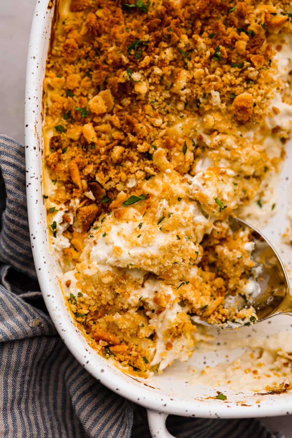 Million Dollar Chicken casserole is both delicious and easy to make. The combination of tender chicken, creamy sauce, and crispy Ritz cracker topping is irresistible. The flavor and texture is so good, you'll think it costs a million dollars! Close up shot of million dollar chicken casserole.