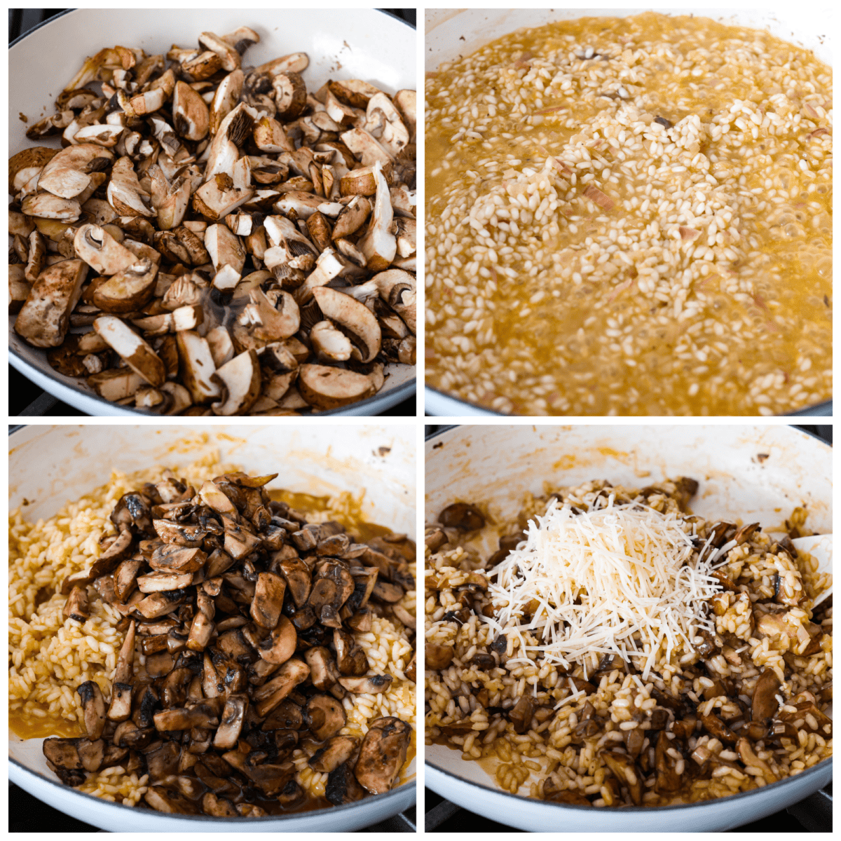 A creamy, hearty side dish that you'll want to serve with everything. Mushroom risotto is made with tender sauteed mushrooms and arborio rice simmered to perfection in a garlic, shallot, and white wine sauce. Top it off with some shredded parmesan for a tasty dish that will rival the main course! 4-photo collage of the mushrooms and rice being cooked together.