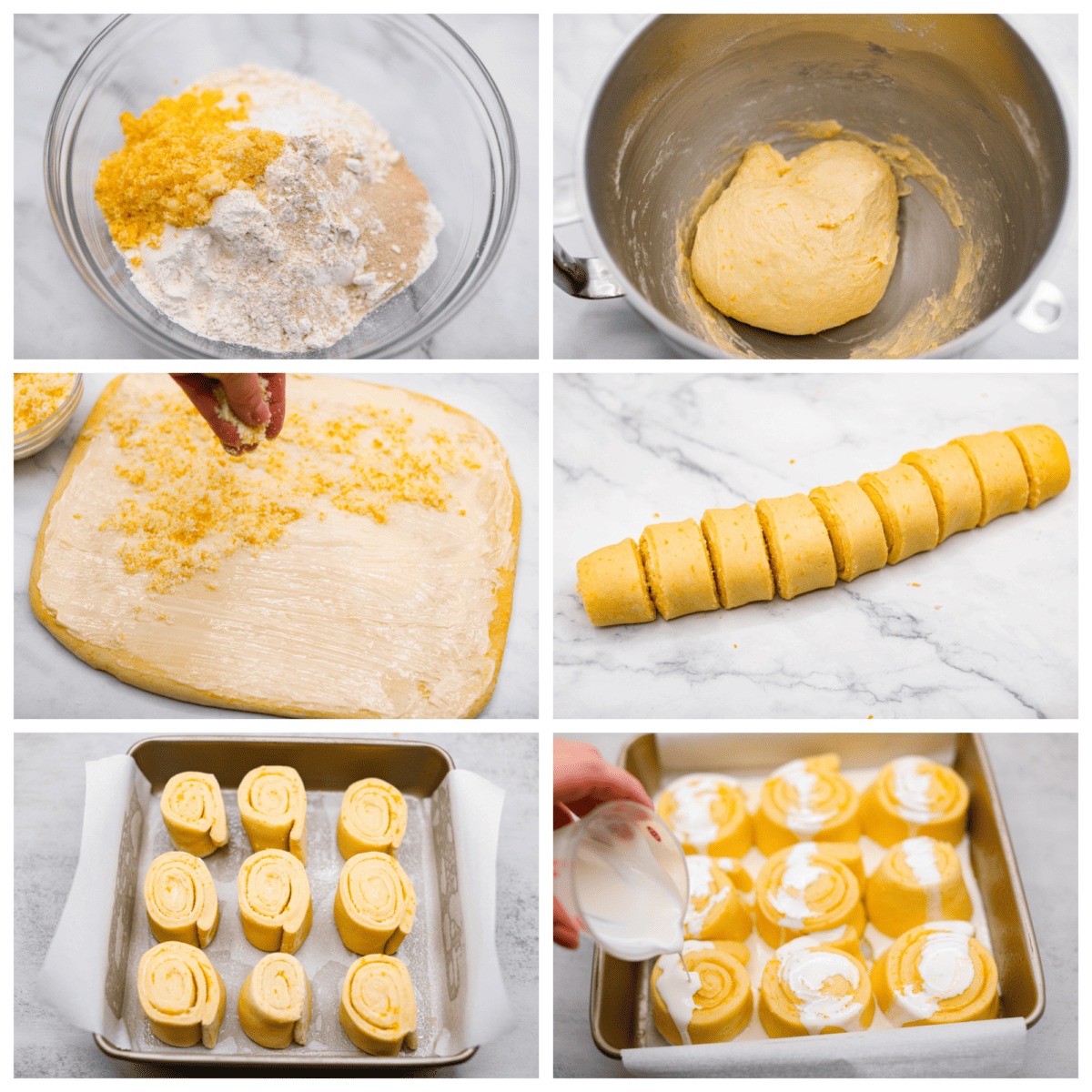 Sticky and soft with a vibrant orange flavor, these orange rolls are the best youโll find. Simple to make, these are the zesty sister to a cinnamon roll! 6 picture sin a collage showing how to make orange rolls.