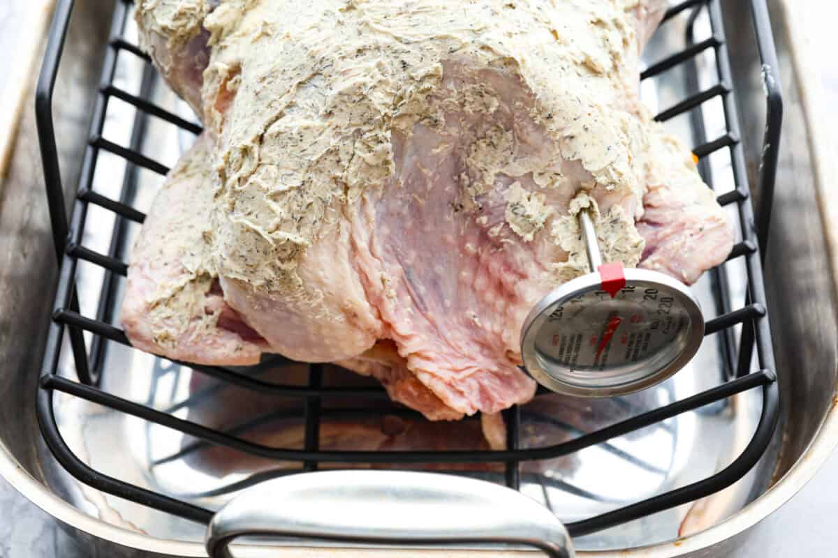 Look no further! This roasted turkey recipe is the absolute juiciest, fool-proof turkey recipe you will ever need. You'll have the confidence to make a perfect turkey every time. This deliciously seasoned turkey will be the star of your Thanksgiving meal! Eleventh photo of the thermometer inserted into the turkey breast.