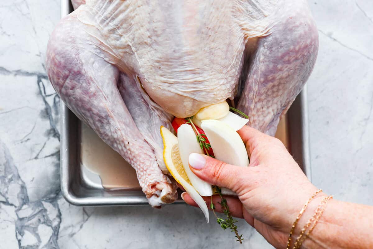 Look no further! This roasted turkey recipe is the absolute juiciest, fool-proof turkey recipe you will ever need. You'll have the confidence to make a perfect turkey every time. This deliciously seasoned turkey will be the star of your Thanksgiving meal! Fifth photo of the turkey being stuffed.