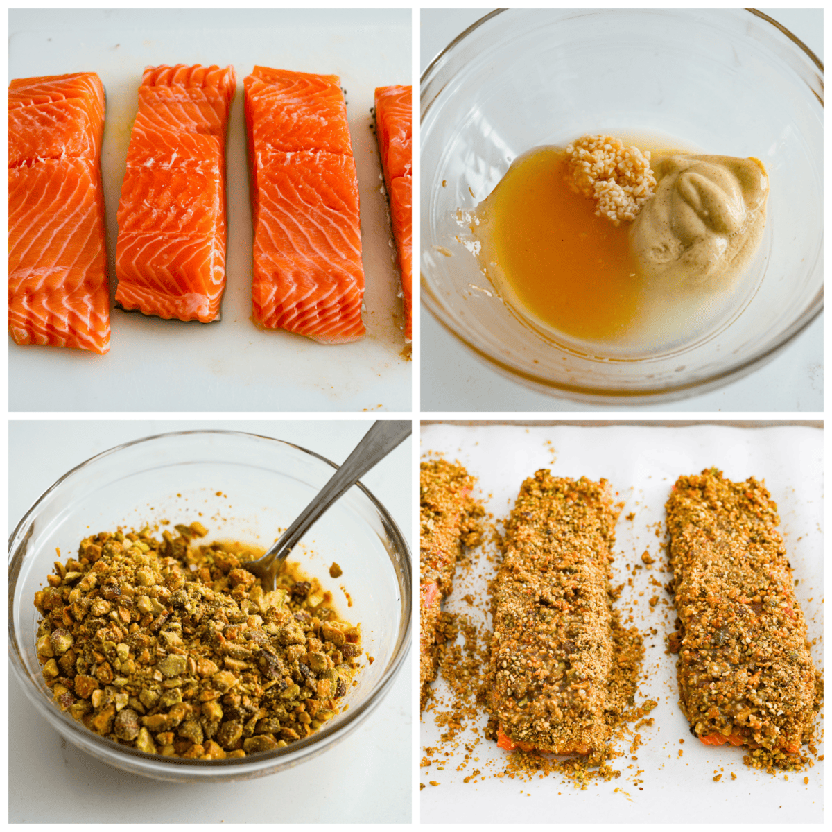 Delicious Pistachio Crusted Salmon is a savory entree that is coated in a mix of garlic, Dijon mustard, honey, and lemon juice with a crunchy pistachio crust all baked to perfection. Ready in just 30 minutes! 4-photo collage of the salmon filets and pistachio topping being prepared.