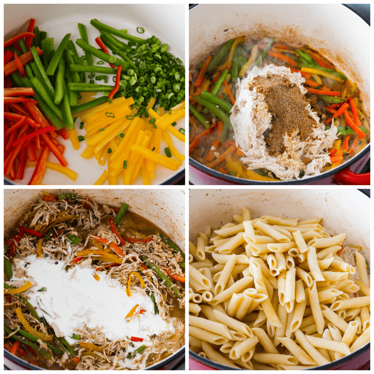 This incredibly flavorful Rasta Pasta recipe features penne pasta cooked al dente and tossed with sautรฉed peppers and shredded chicken in a rich, creamy, spiced sauce. 4-photo collage of all of the pasta ingredients being added to a skillet.
