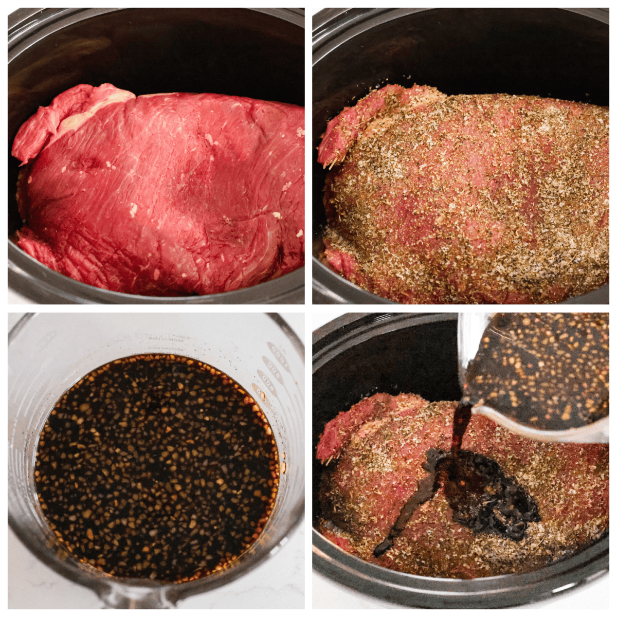 Tender and juicy, this Slow Cooker Balsamic Beef is absolutely incredible! Add everything to your crockpot in the morning, then in the evening, you'll have sweet and savory, tangy balsamic beef ready for dinner. 4-photo collage of the beef being added to a Crockpot and covered with homemade balsamic sauce.