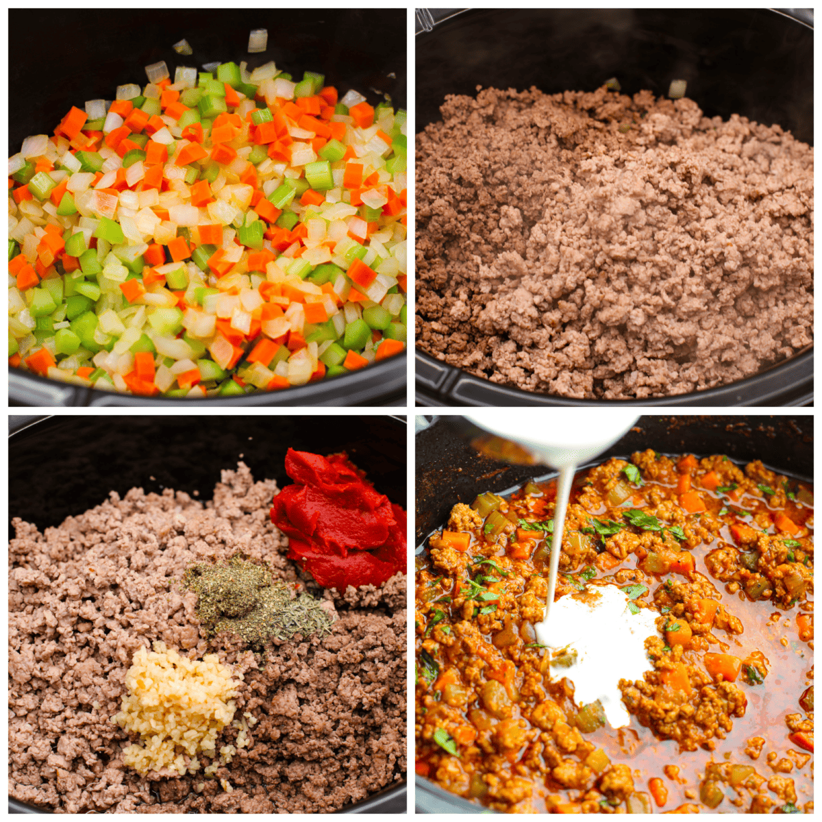 This Slow Cooker Ragu recipe is an easy-to-make comfort food that your whole family will love! Not to mention it makes a LOT and is freezer-friendly! A collage of 4 pictures showing how to make the meat, saute the veggies and add them all into the crockpot.