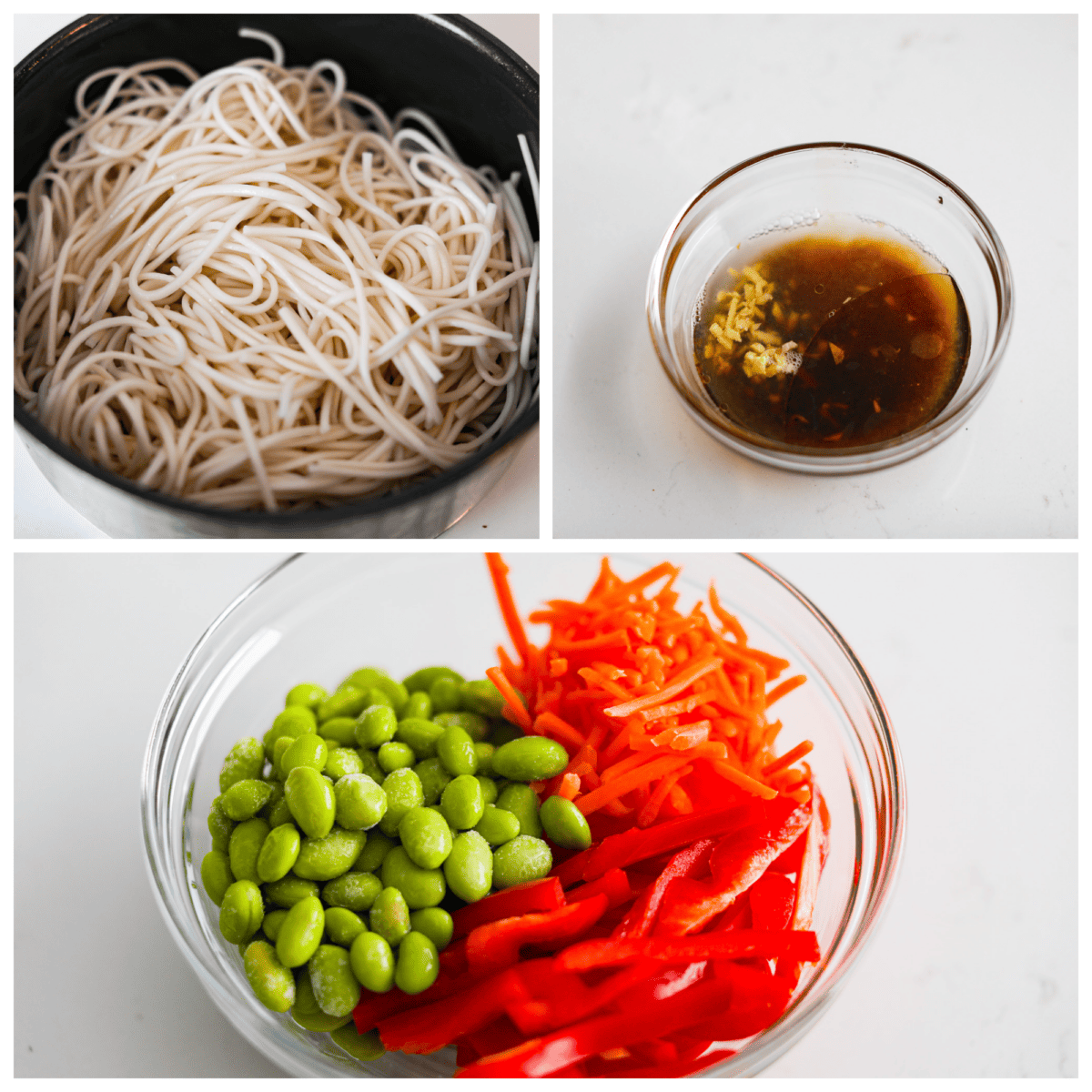 This vibrant soba noodle salad bursts with flavor and color, thanks to its medley of crunchy veggies, nutty sesame seeds, and a zingy ginger-lime dressing. It's light and refreshing, perfect for a quick lunch or a satisfying side dish! 3-photo collage of the soba being cooked, vegetables being combined, and the dressing ingredients being mixed together.