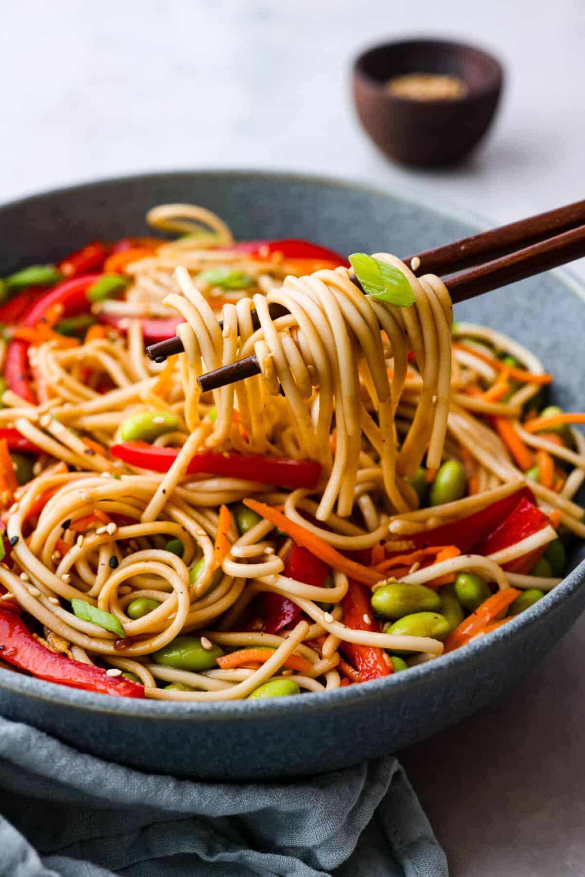 This vibrant soba noodle salad bursts with flavor and color, thanks to its medley of crunchy veggies, nutty sesame seeds, and a zingy ginger-lime dressing. It's light and refreshing, perfect for a quick lunch or a satisfying side dish! Picking up noodles with chopsticks.