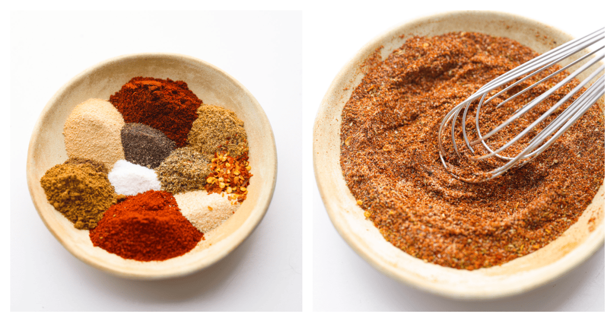 Enjoy the flavors of the Southwestern states in this tasty southwest seasoning! This homemade seasoning uses classic spices used in Southwestern cuisine. It's delicious on chicken, in tacos, or added flavoring in many dishes. First photo of the spices measured and added to a bowl. Second photo of a whisk mixing the spices together in the bowl.