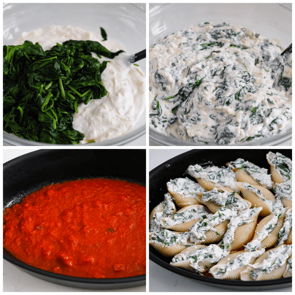 This recipe for spinach stuffed shells features tender, jumbo pasta shells filled to the brim with a tasty mixture of garlic, parmesan, ricotta cheese, chopped spinach, and Italian seasonings. Covered with a layer of bubbly marinara sauce, this is the most delicious way to load up on carbs! 4-photo collage of the filling mixture and pasta sauce being prepared.