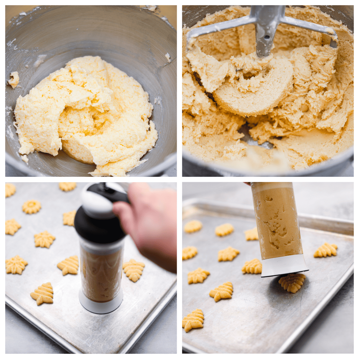 Spritz cookies are buttery and delicious, made with a cookie press to create festive shapes! Perfect for adding to any holiday dessert spread. 4-photo collage of the dough being prepared and put through a cookie press.