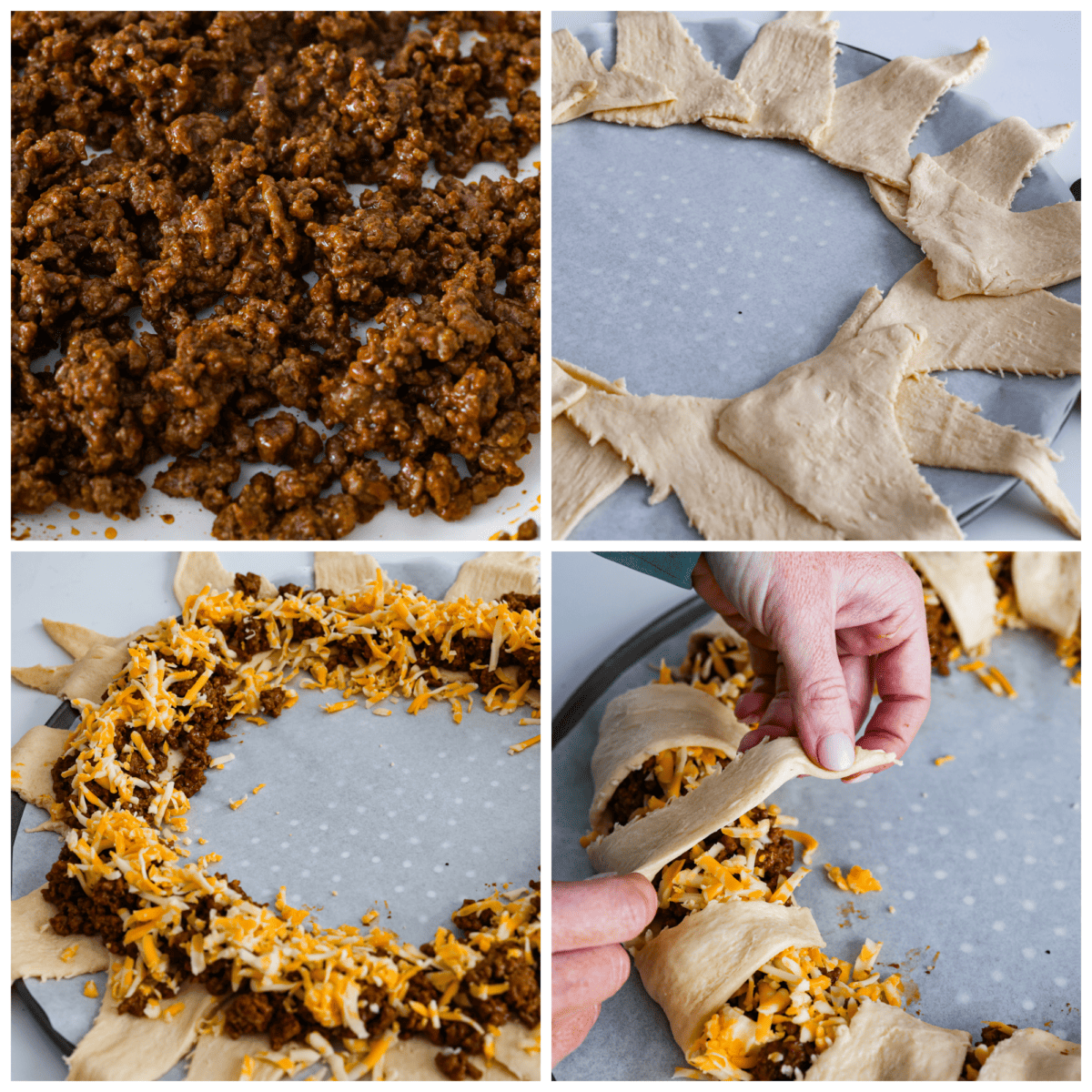 This taco ring is the easiest, cheesiest dinner. I know your family will love it as much as mine does! All you need is a can of crescent rolls, shredded Colby Jack cheese, some taco seasoning, and your favorite fixings to bring it to life! 4-photo collage of the ground beef and crescent roll dough being prepared.