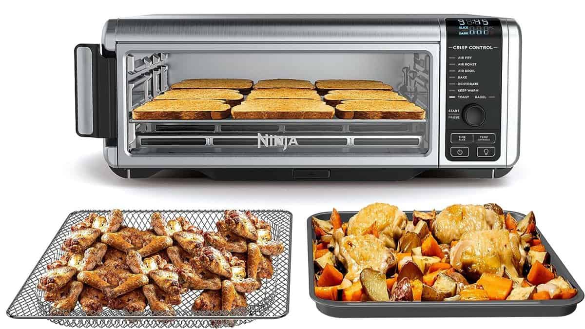 My air fryer is one of my favorite appliances in the kitchen because it can cook all my familyโs favorite recipes, including tender meats, roasted sides, crispy appetizers, and everything in between. A picture with a toaster oven with some air fryer baskets that can be used in it.