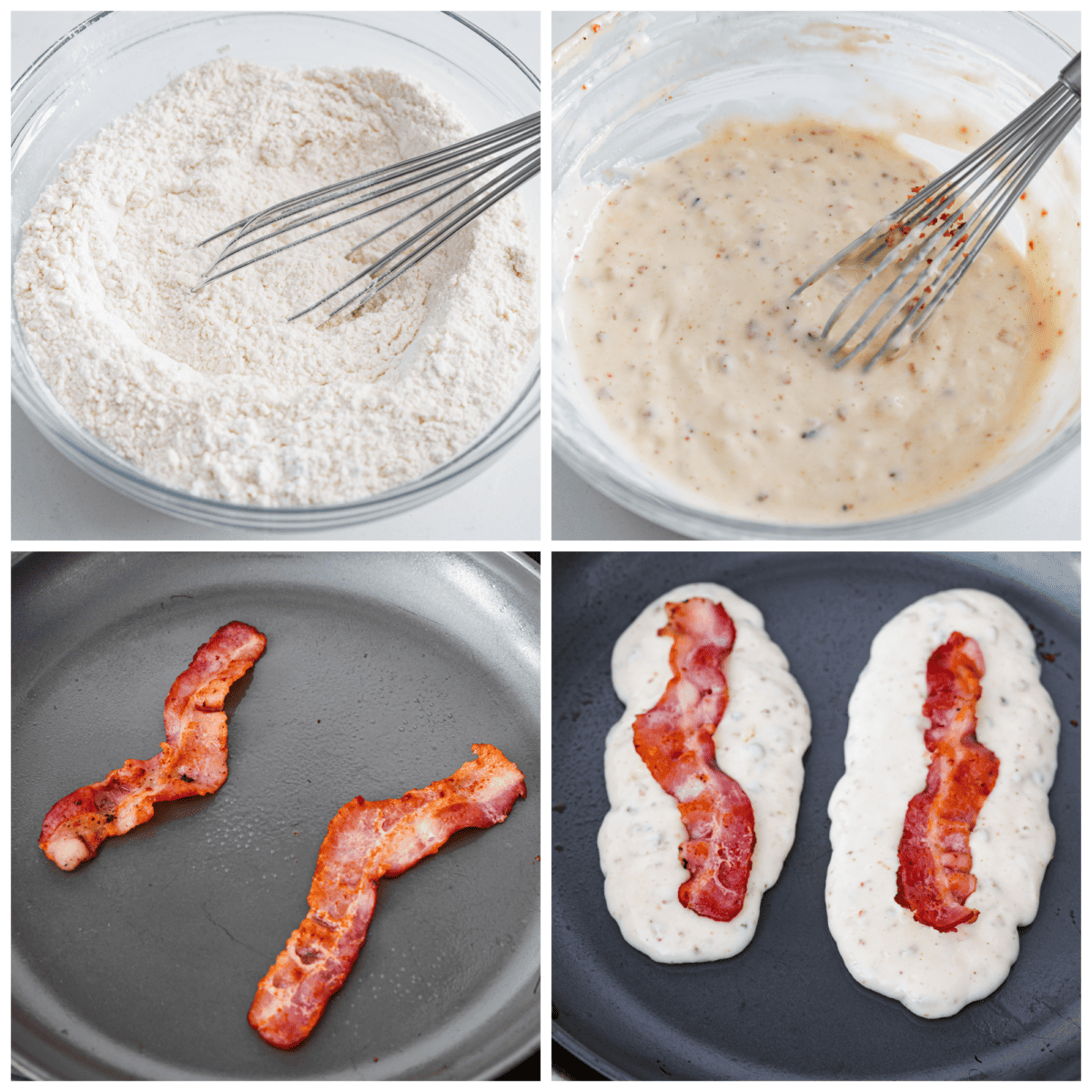 An all-in-one breakfast, and so good, you won't be able to get enough. Crispy bacon nestled in pillowy pancakes, topped with butter and syrup - what could be better? 4-photo collage of the batter being mixed up and cooked on a pan with the bacon.