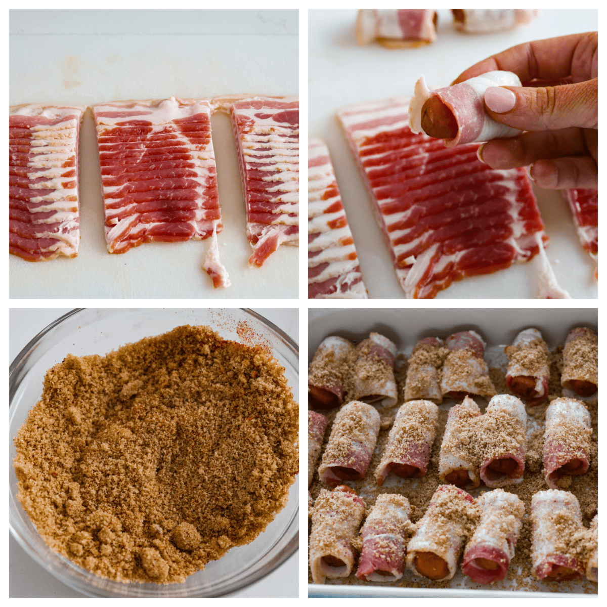 These bacon wrapped smokies are the perfect sweet and salty appetizer that everyone will devour! Little smokie sausagesย are wrapped in crispy bacon and caramelized in a brown sugar spice blend. They are sure to be a favorite at your next party! First photo of bacon cut in thirds. Second photo of bacon wrapping around a sausage. Third photo of sugar and spices mixed. Fourth photo of the sugar mixture sprinkled on top of the bacon wrapped smokies.