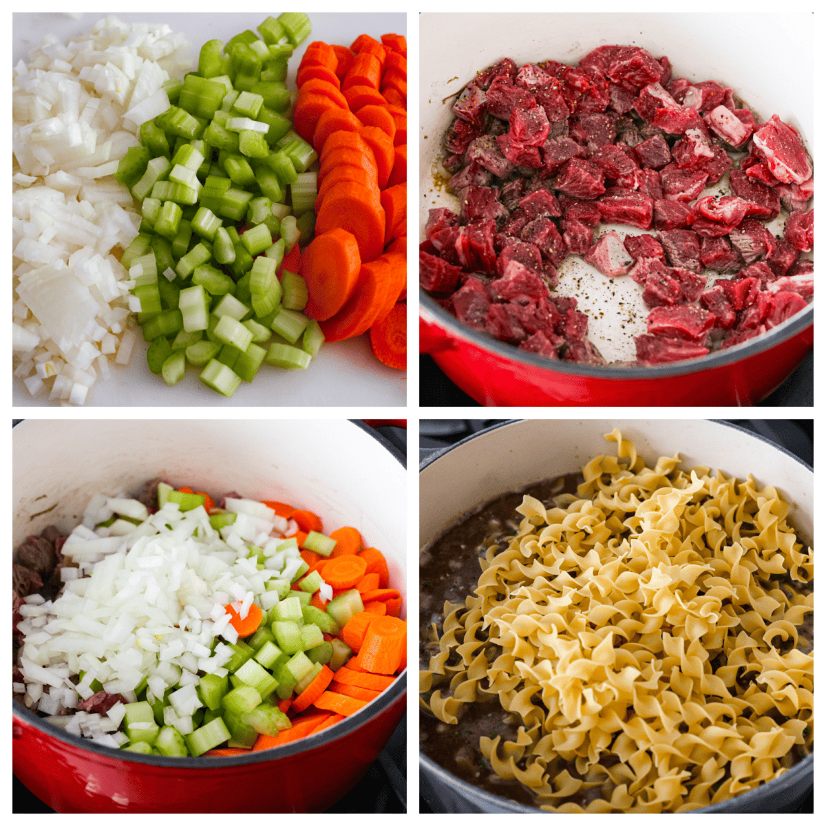 Warm and comforting Beef Noodle Soup is a delicious spin off of classic chicken noodle soup. A combination of tender beef, vegetables and egg noodles is simmered in a savory broth for the best one-pot winter meal! 4-photo collage of vegetables, beef chunks, and noodles being added to a large pot.