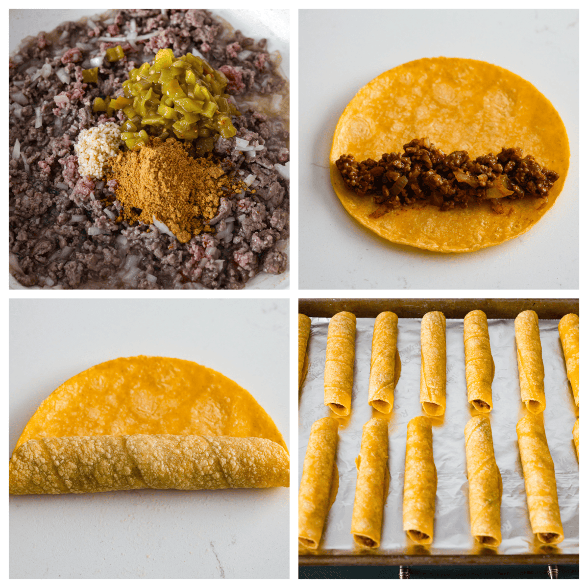 Cook up a batch of these homemade beef taquitos, you won't be disappointed! The meaty, cheesy filling and crispy tortilla shell are to die for. A million times better than the frozen kind! 4-photo collage of the beef filling being added to tortillas, then rolled up.