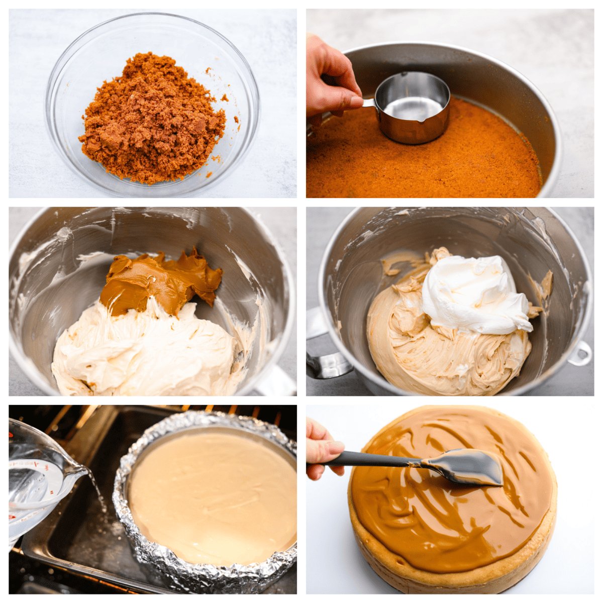Soft, rich, and loaded with delicious cookie butter flavor, this Biscoff cheesecake is sure to please! Everyone will be lining up for a slice. 6-photo collage of the crust, cheesecake filling, and topping being prepared.