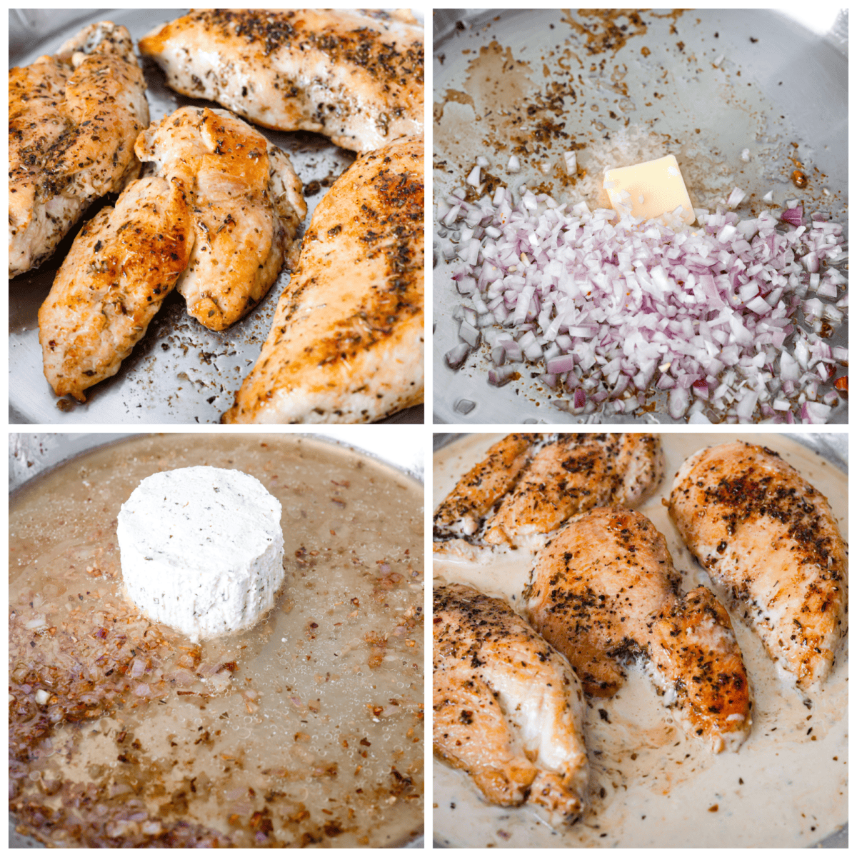 Creamy Boursin Chicken is a rich and decadent one-pan dish that is ready in just about 30 minutes! Pan-fried, seasoned chicken is smothered in a delicious sauce made with cream, parmesan cheese and Boursin cheese. 4-photo collage of the chicken being seared, the onions being sauteed, and the boursin sauce ingredients being combined.