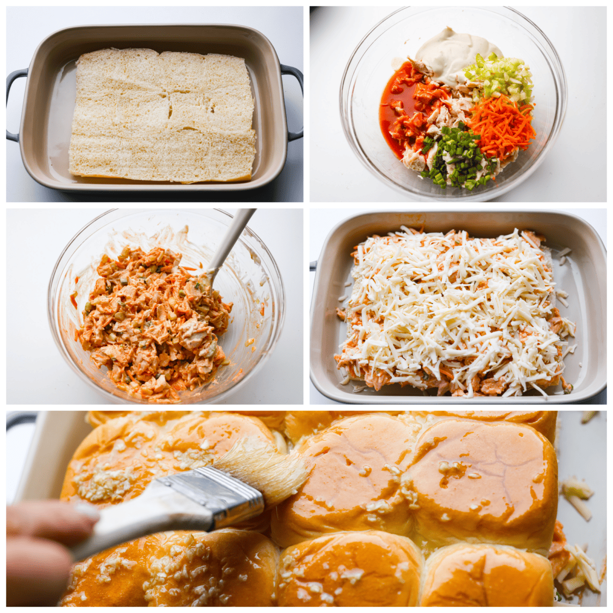 Whether it's a weeknight dinner or a casual get-together, everyone will love the spicy rotisserie chicken sandwiched between soft dinner rolls with ranch dressing, melted cheese, and crunchy coleslaw. A collage of 5 pictures showing how to assemble buffalo chicken sliders.