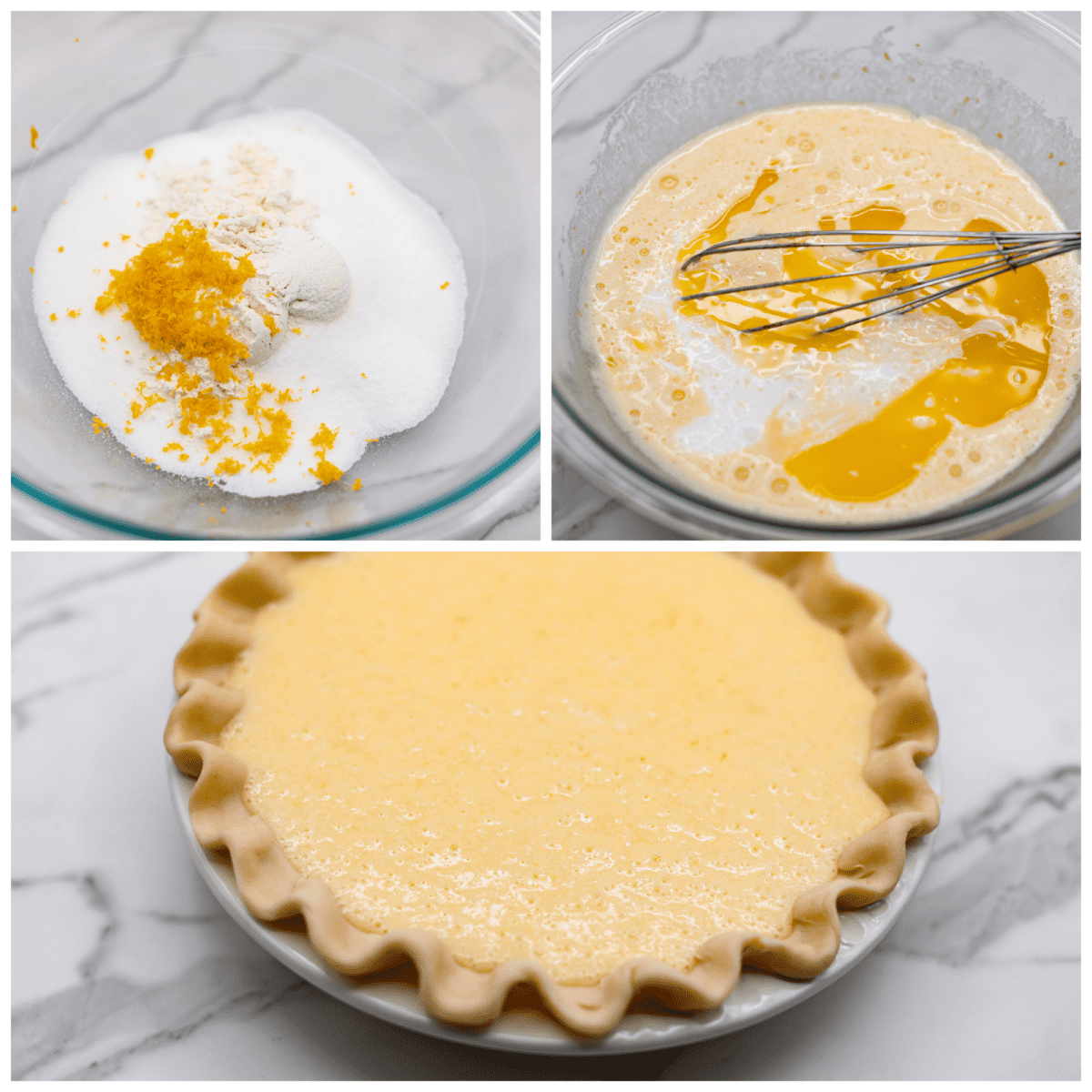 This amazing buttermilk pie is made with a creamy, lemon-kissed custard tucked inside a buttery, golden crust. So delicious and perfect for any time of year. It's like sunshine in pie form! 3-photo collage of the filling ingredients being mixed together and added to the crust.