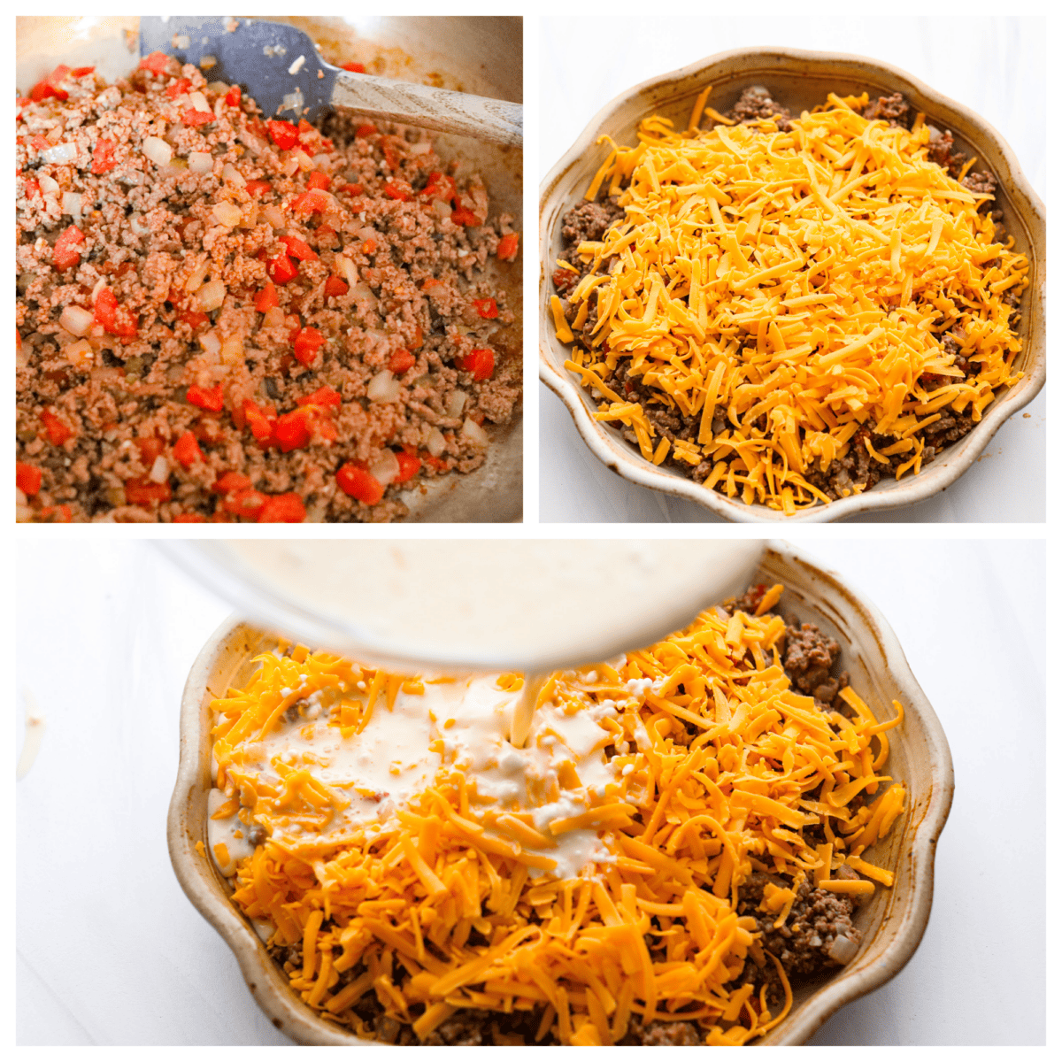 Impossible cheeseburger pie is an unexpected but TASTY twist on a cheeseburger! It's full of ground beef, and cheese, and the addition of Bisquick creates a comforting casserole texture. All your favorite hamburger ingredients are baked into a savory pie and your family will LOVE this version. First photo of the meat mixture in a skillet. Second photo of cheese sprinkled on top of the pie. Third photo of the Bisquick mixture pouring on the pie.
