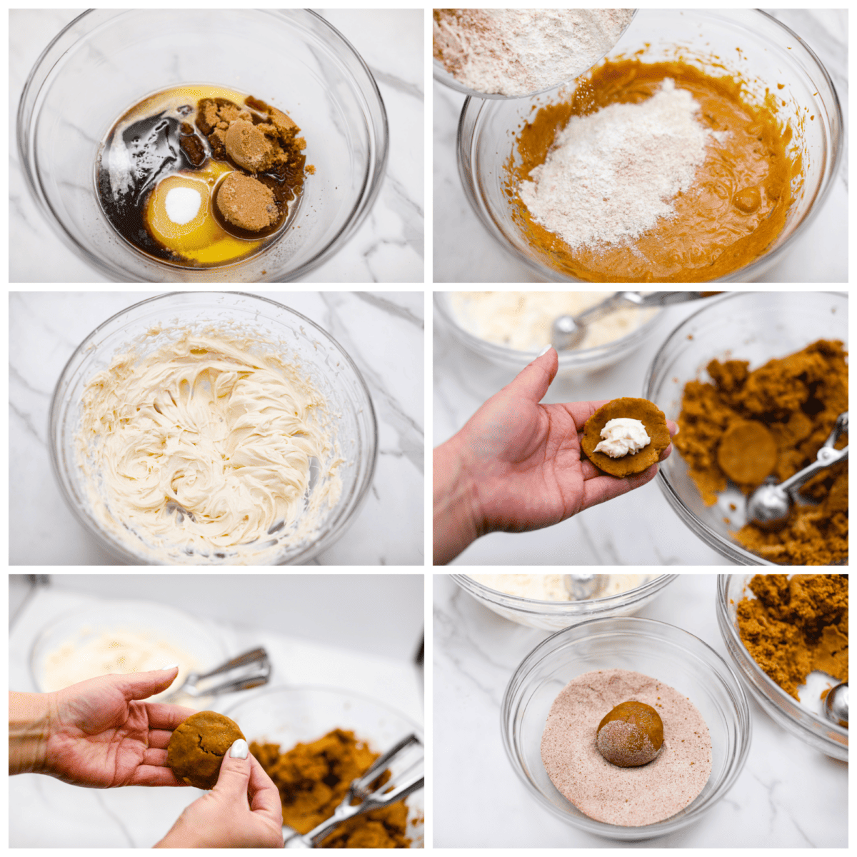 A fun twist on a holiday favorite! These cheesecake stuffed gingerbread cookies are soft and spiced to perfection, filled with a rich and creamy filling. Each bite is a dream! 6-photo collage of the filling and cookie dough being prepared.