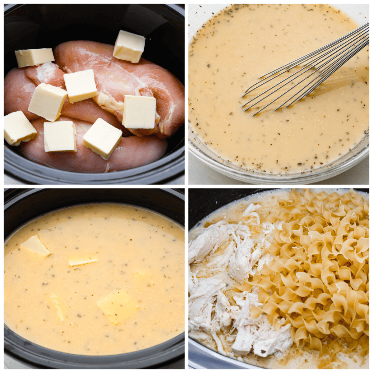 If you’re wondering what to add to the dinner lineup this week, this creamy slow cooker chicken and noodles is the answer! Everything gets cooked in the crockpot (even the noodles!) and the sauce is a tasty mix of cream of chicken soup, garlic, and Italian seasonings! 4-photo collage of the chicken breasts being added to a crockpot along with the sauce ingredients and pasta.