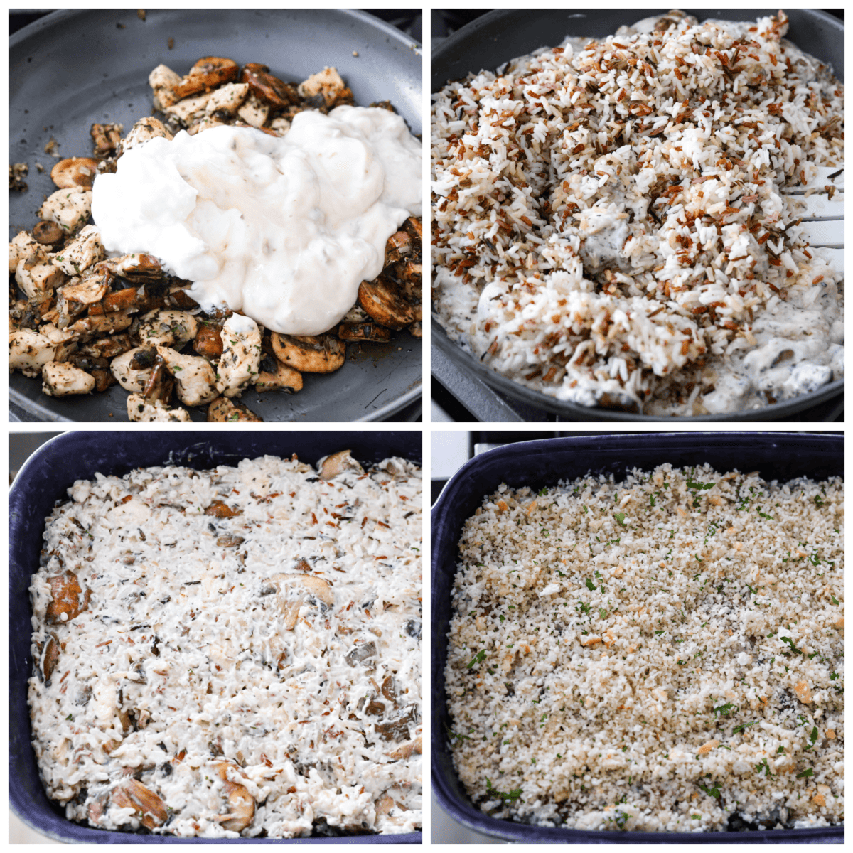 Chicken and wild rice casserole is an easy, comforting meal that the whole family will enjoy! You just can't go wrong with tender chicken and wild rice in a creamy sauce, and topped off with buttery breadcrumbs. 4-photo collage of the wild rice being mixed with a creamy sauce and topped with breadcrumbs.