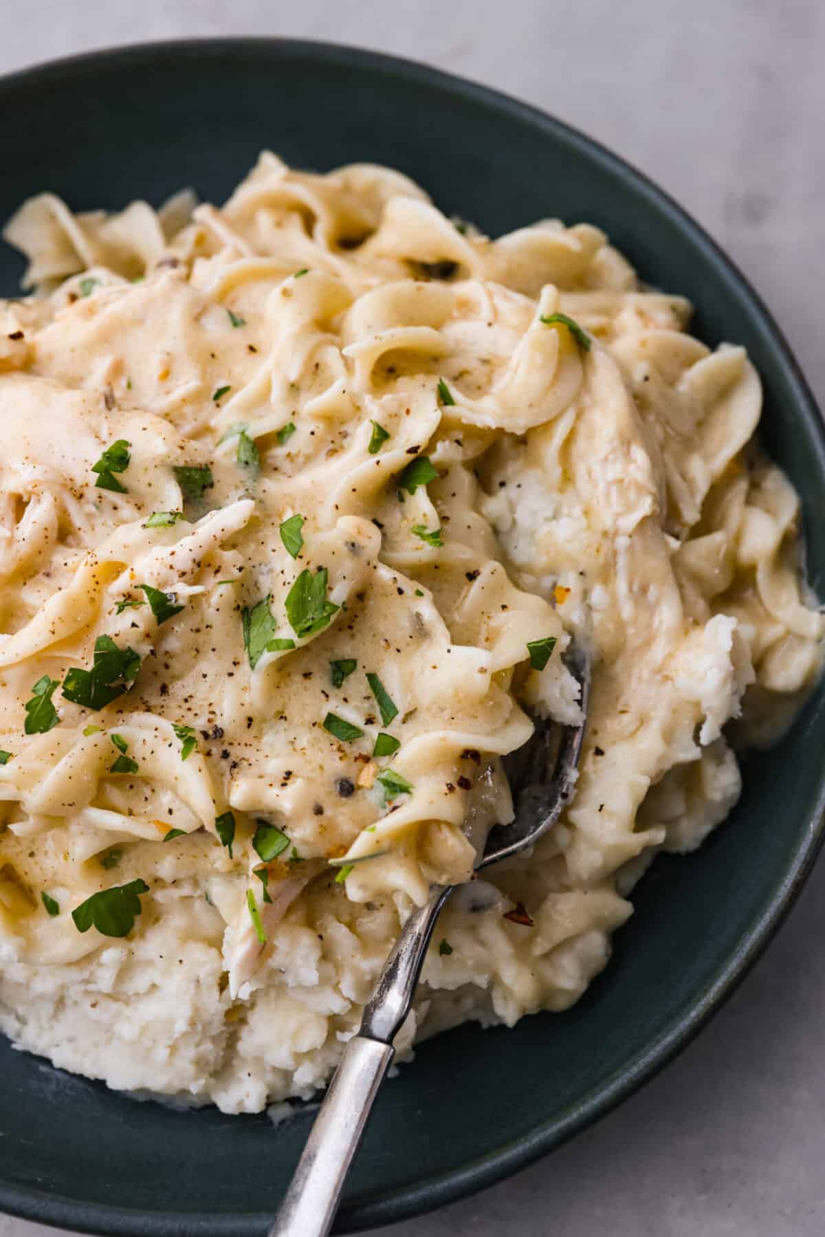 If you’re wondering what to add to the dinner lineup this week, this creamy slow cooker chicken and noodles is the answer! Everything gets cooked in the crockpot (even the noodles!) and the sauce is a tasty mix of cream of chicken soup, garlic, and Italian seasonings! Chicken and pasta served over mashed potatoes.