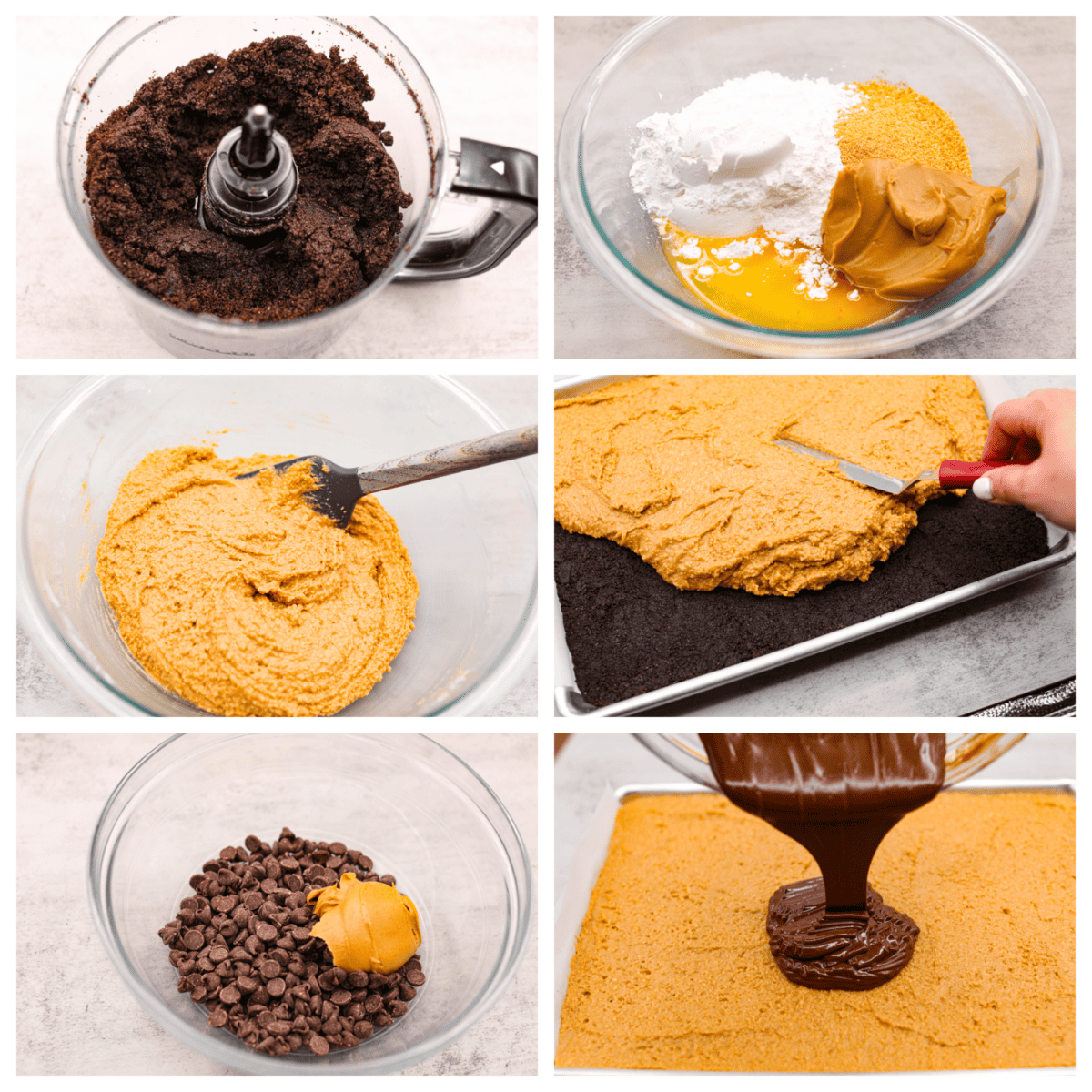 Creamy peanut butter and melted chocolate layered on top of an Oreo crust. What could be better than that? These Oreo peanut butter bars are what dessert dreams are made of! 6-photo collage of the dessert bars being layered with Oreo, peanut butter, and chocolate.