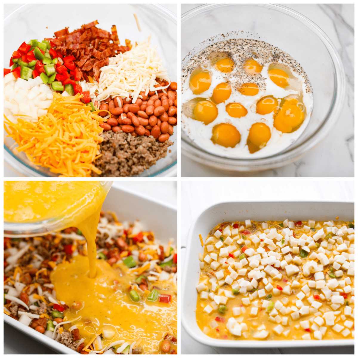 Cowboy breakfast casserole is a hearty dish that's chock full of breakfast favorites (eggs, bacon, sausage, beans, cheese, potatoes, and more!) and super easy to make! 4-photo collage of the cowboy breakfast casserole ingredients being combined.