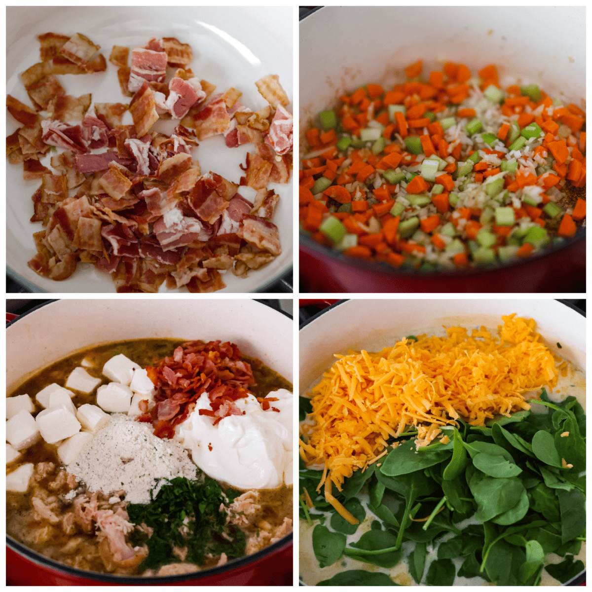 All it takes is one bite to obsess over this crack chicken soup! It's loaded with shredded chicken, bacon, ranch seasonings, and all of your favorite creamy crack-inspired flavors! First photo of bacon cooking in a pot. Second photo of veggies cooking in the pot. Third photo of cream cheese, sour cream, ranch seasoning, and cooked bacon added to the pot. Fourth photo of cheese and spinach added to the pot.