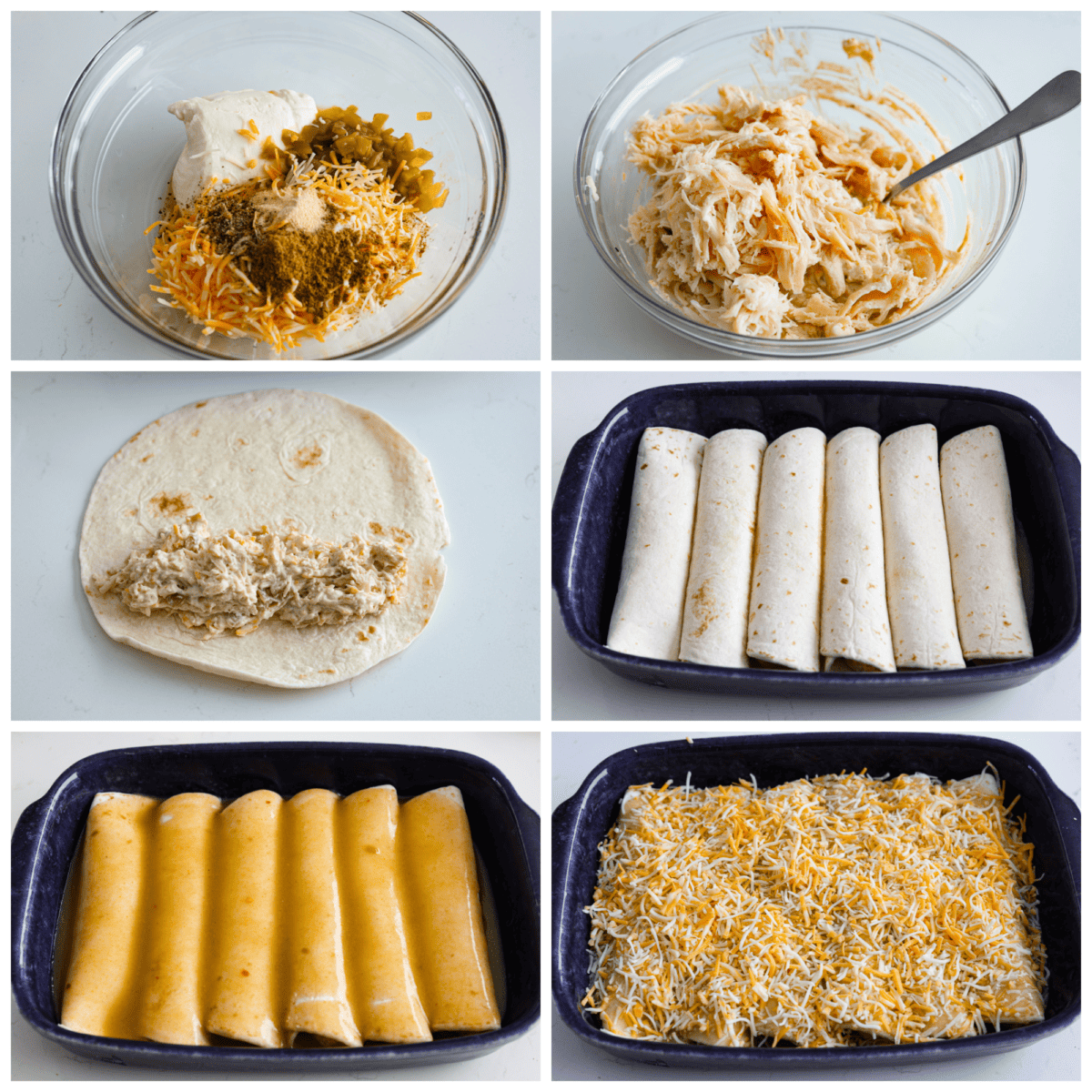 Creamy and flavorful, these cream cheese enchiladas are easy to make and always a crowd favorite! They are packed with chicken, three types of cheese, plenty of seasoning and green enchilada sauce for a meal that everyone will enjoy! 6-photo collage of the chicken filling and enchiladas being prepared.
