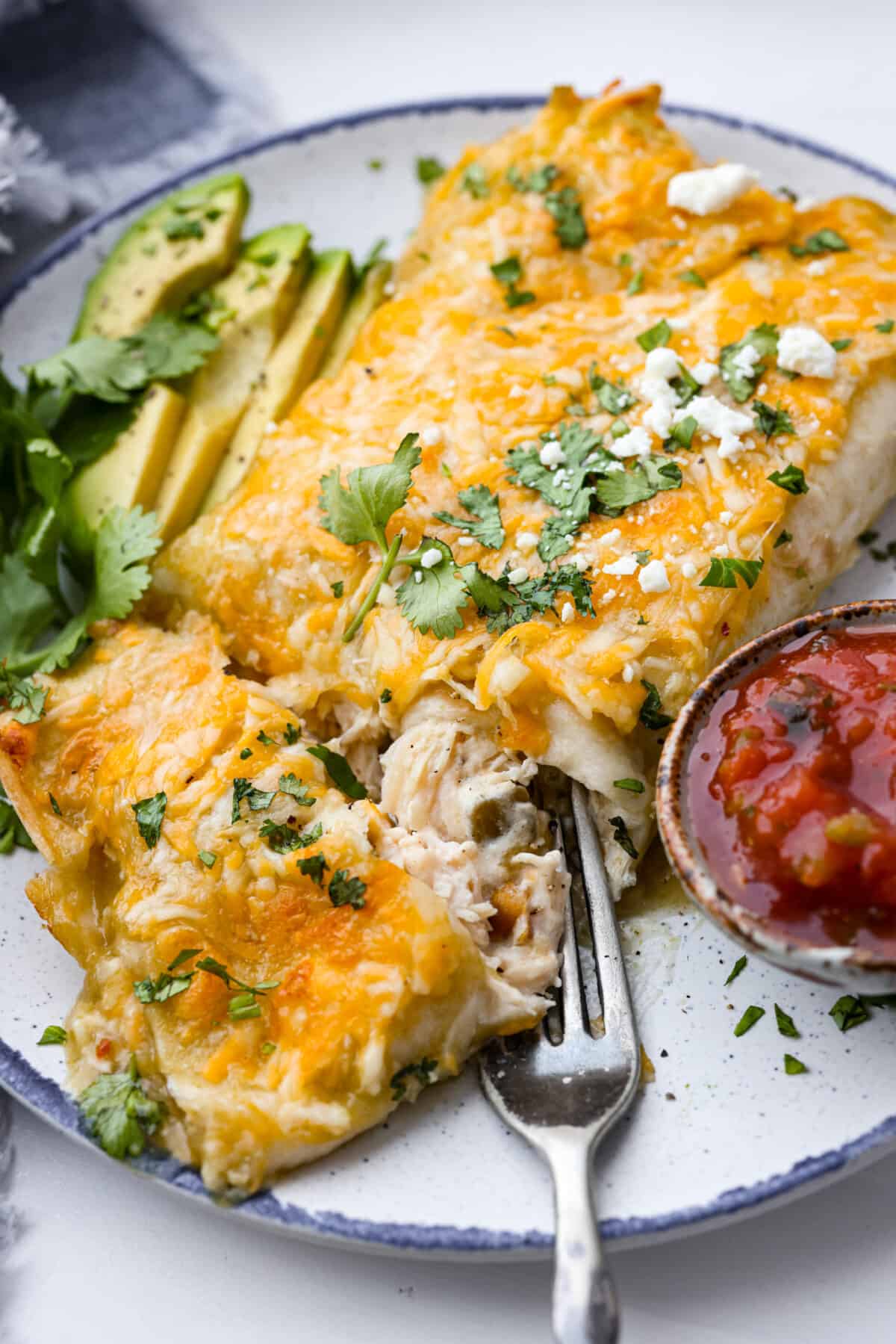 Creamy and flavorful, these cream cheese enchiladas are easy to make and always a crowd favorite! They are packed with chicken, three types of cheese, plenty of seasoning and green enchilada sauce for a meal that everyone will enjoy! Closeup of enchiladas served on a blue and white plate with a side of sliced avocados and salsa.