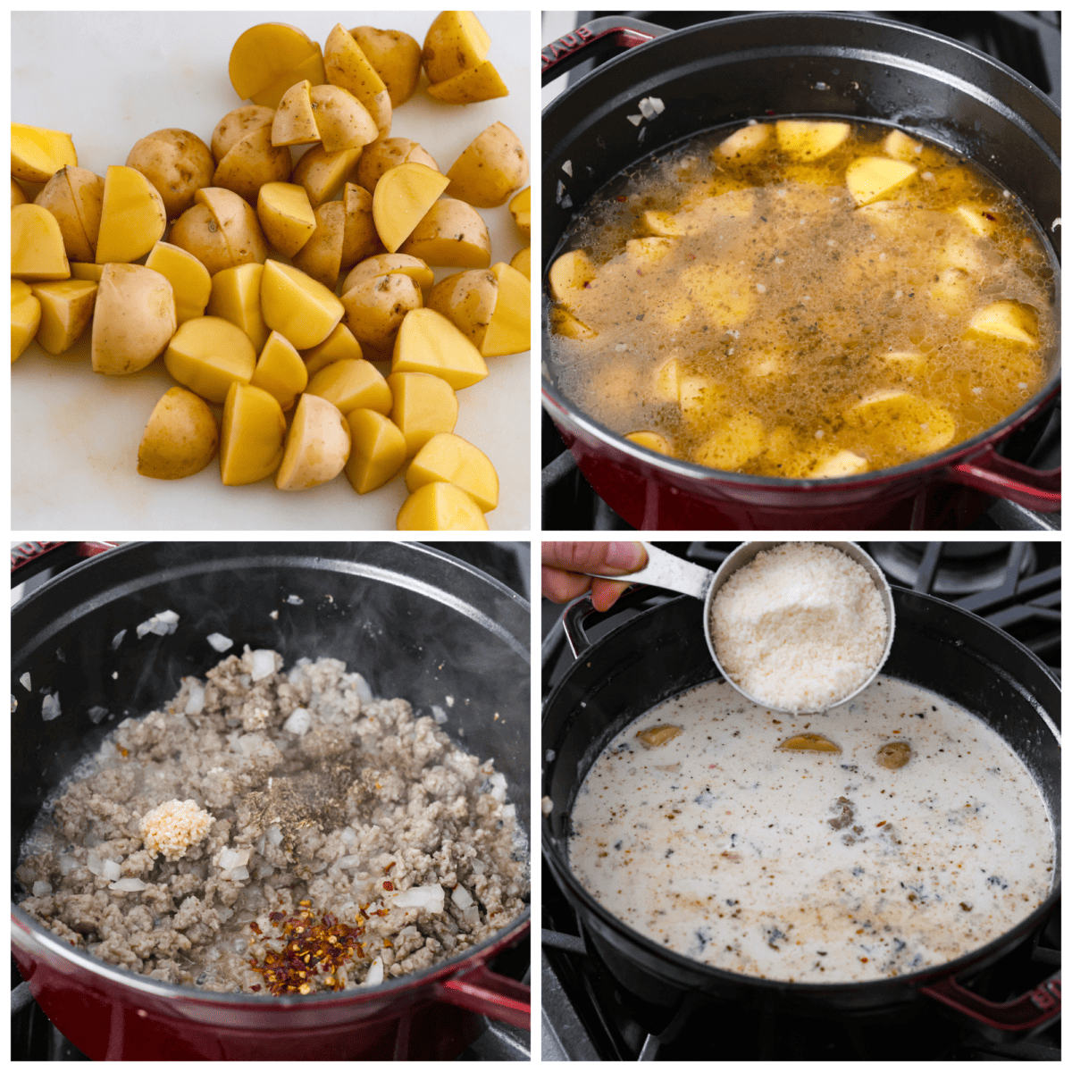 Buttery yellow potatoes and flavorful Italian sausage cooked together in a creamy, herb-filled soup base. The perfect hearty recipe to warm you up from the inside-out! 4-photo collage of the creamy sausage and potato soup being prepared.