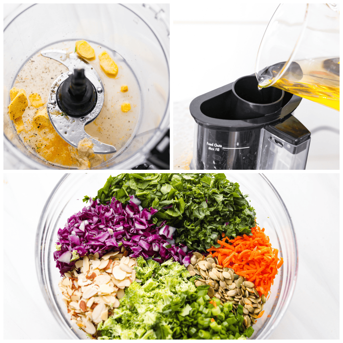 This healthy and colorful detox salad is LOADED with lots of greens and fresh veggies. The added nuts and seeds give a delicious crunch and texture to the salad. Drizzled with a lemon ginger vinaigrette, this salad has so many vibrant flavors! First photo of the vinaigrette ingredients in a food processor. Second photo of the olive oil blending into the vinaigrette. Third photo of the salad ingredients in a bowl.