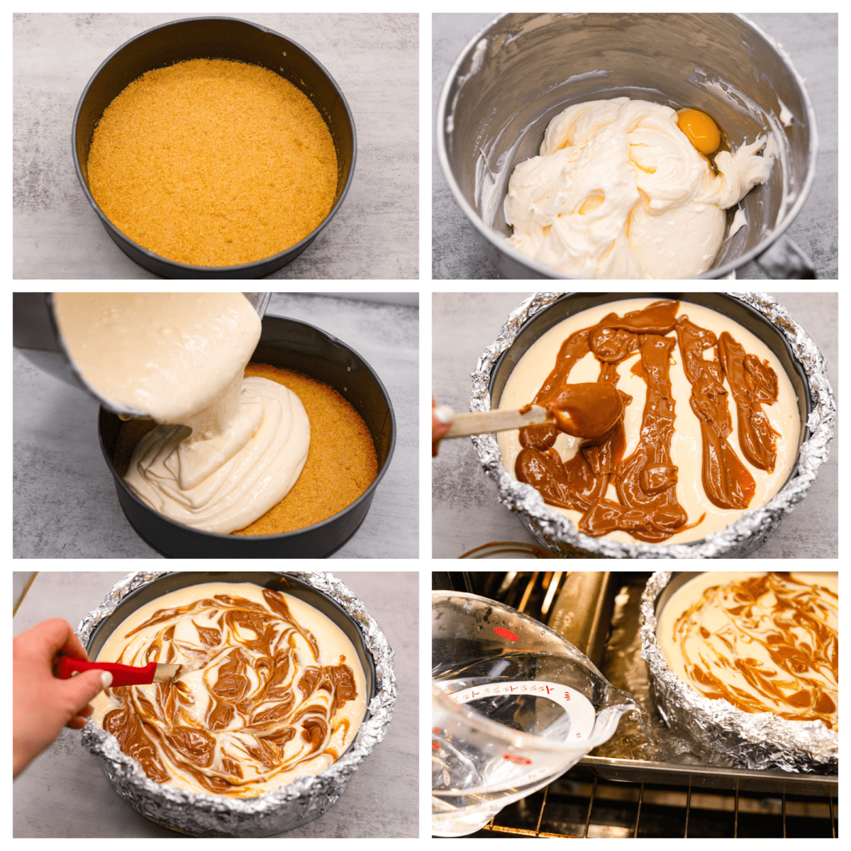 Dulce de leche cheesecake is the most creamy and decadent dessert, with swirls of caramel in every bite. It's guaranteed to be the star of your dinner table! 6-photo collage of cheesecake filling and dulce de leche being added to a graham cracker crust.