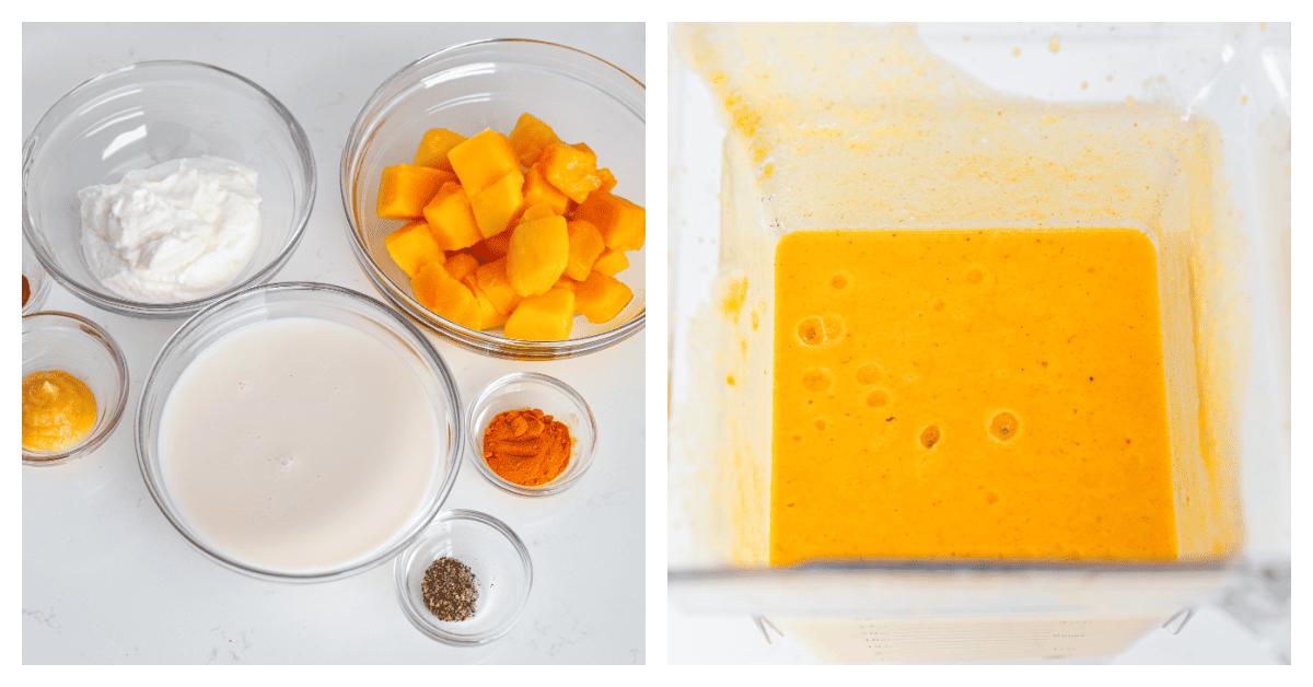 This creamy and sweet golden milk smoothie will brighten your morning! The smooth texture comes from the mangos, Greek yogurt, and banana. It's spiced to perfection and bursting with healthy benefits. First photo of the smoothie ingredients separated into bowls. Second photo of the smoothie ingredients mixed in a blender.