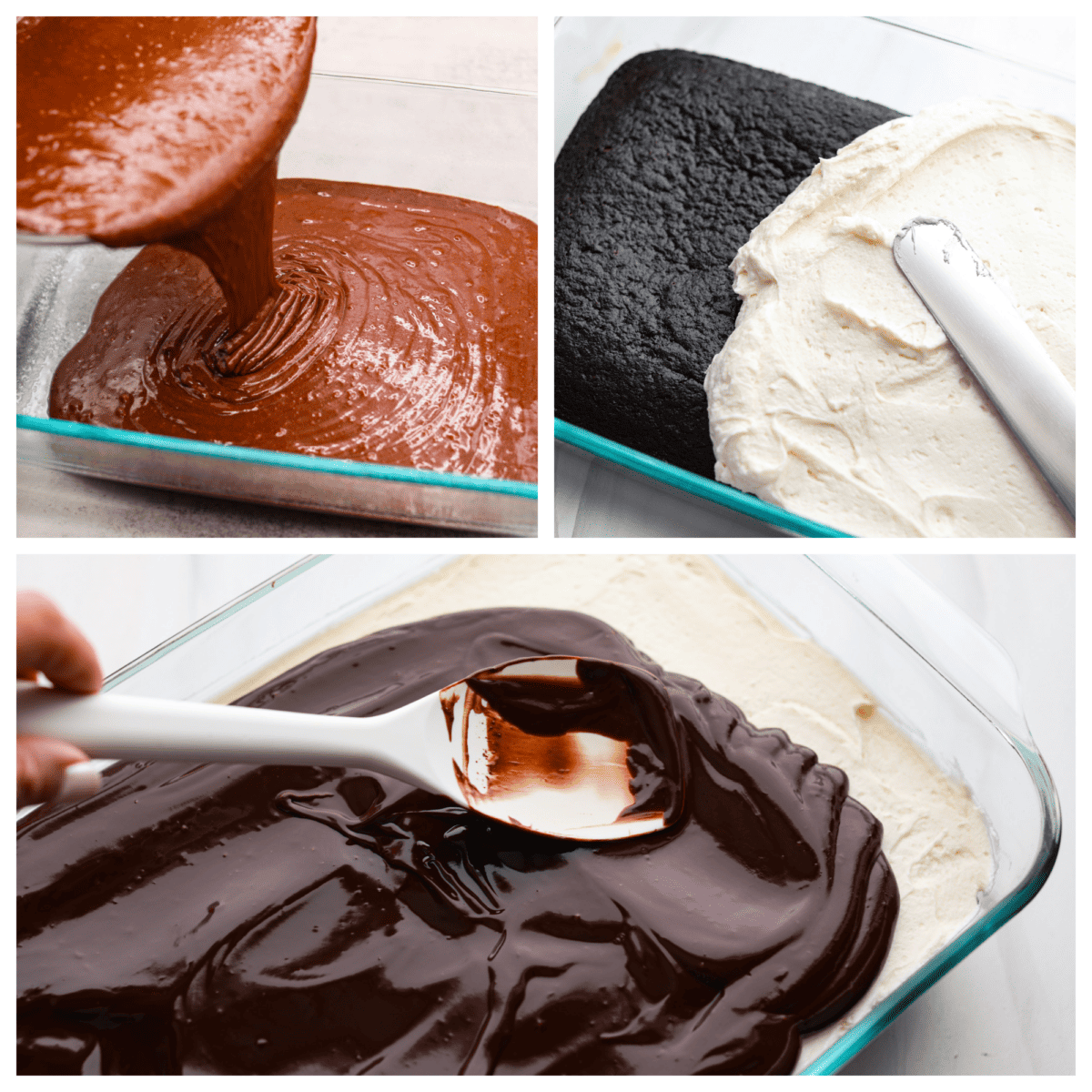 Transform your favorite childhood snack cake into a decadent ho ho cake. Inspired by a Hostess ho hos, this dark chocolate cake is topped with cream filling and fudgy ganache frosting. Every bite takes you back to feeling like a kid again! First photo of cake batter pouring into a pan. Second photo of the cake being frosting with the cream filling. Third photo of the ganache spreading on the cake.