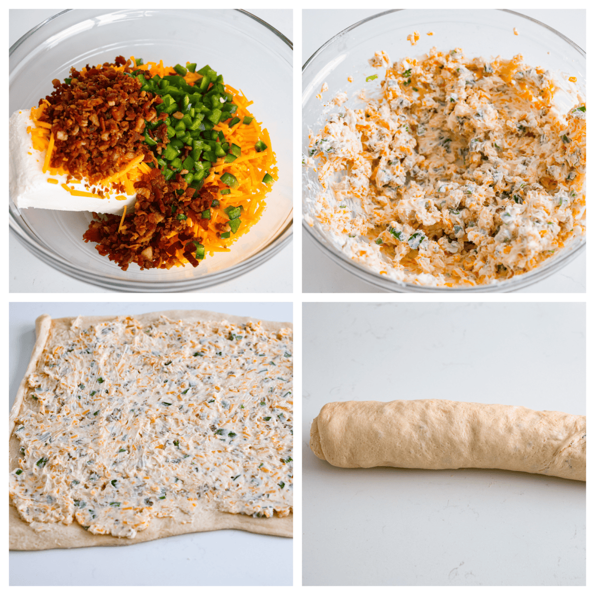 These jalapeño popper rolls are filled with a cream cheese mixture including bacon, cheese, and diced jalapeño and rolled up in crescent dough. Baked then brushed with garlic butter...everyone will devour them! First photo of cream cheese mixture ingredients added to a bowl. Second photo of the cream cheese jalapeno mixture mixed in a bowl. Third photo of the mixture spread on crescent dough. Fourth photo of the dough rolled up into a log before it's cut.